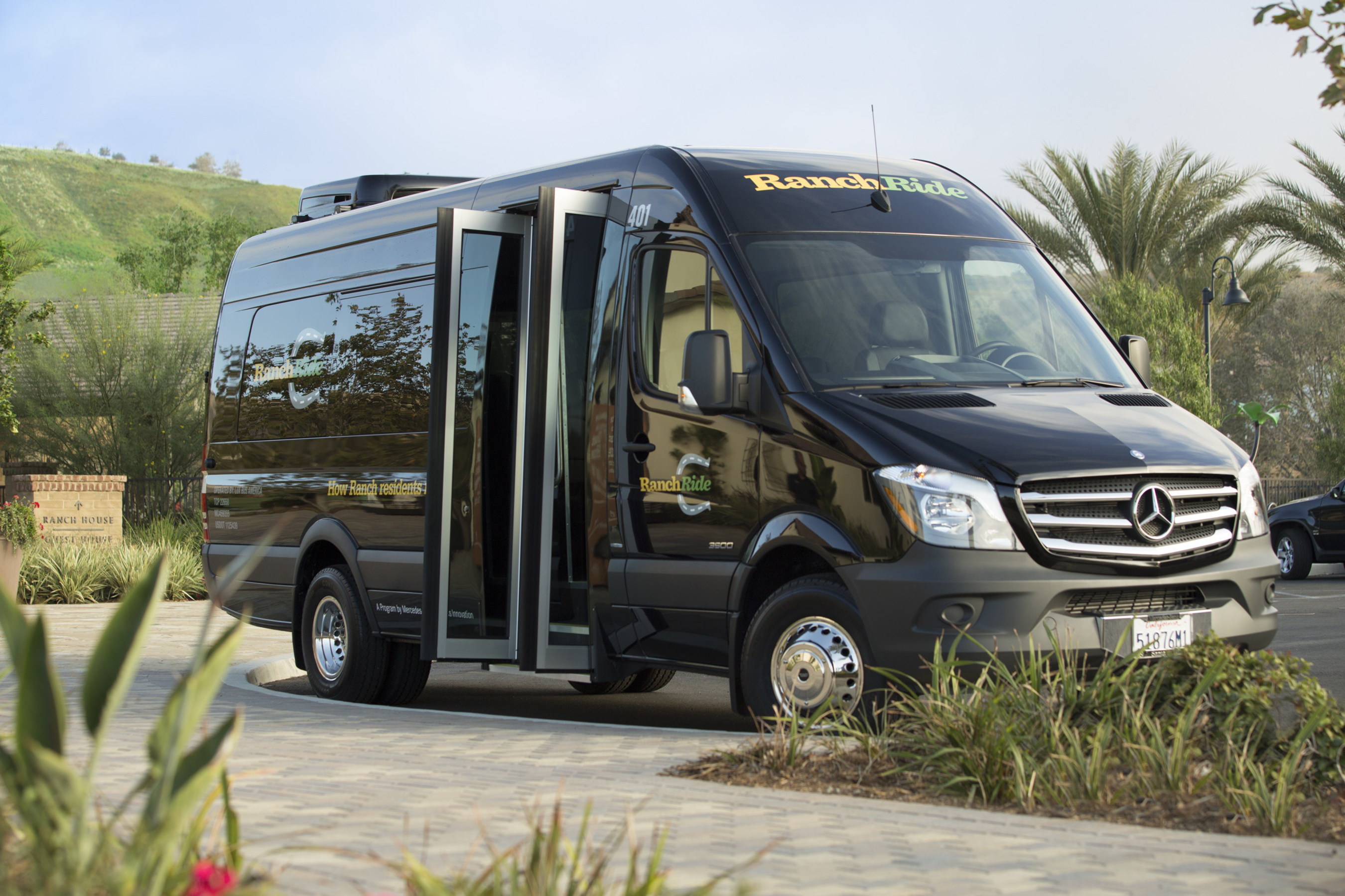 Luxury-style, 14-seat Mercedes-Benz Sprinter passenger shuttles are being used for the new RanchRide mobility services.