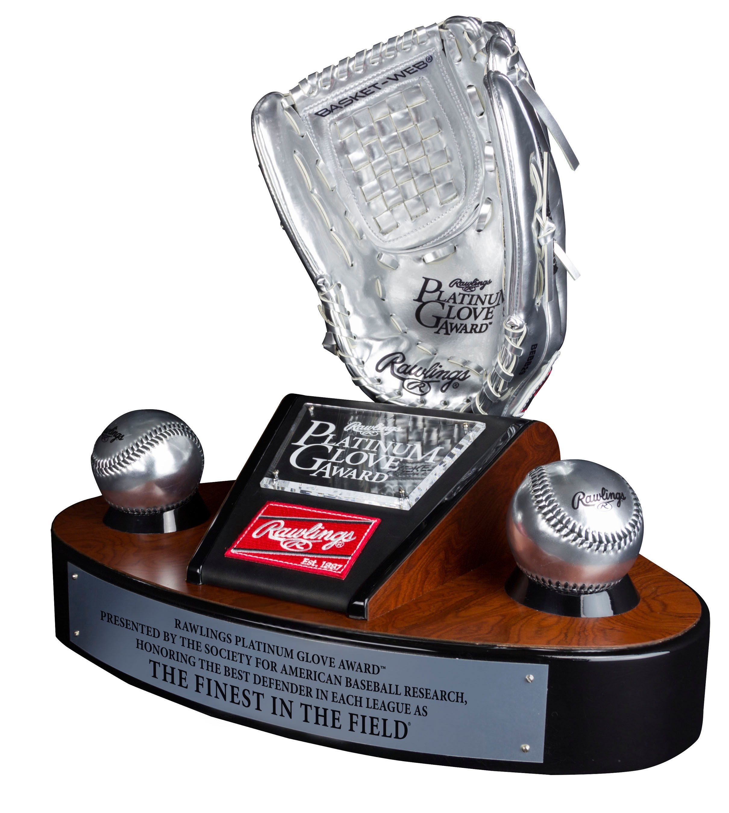 The 2014 Rawlings Platinum Glove Award presented by SABR trophy.