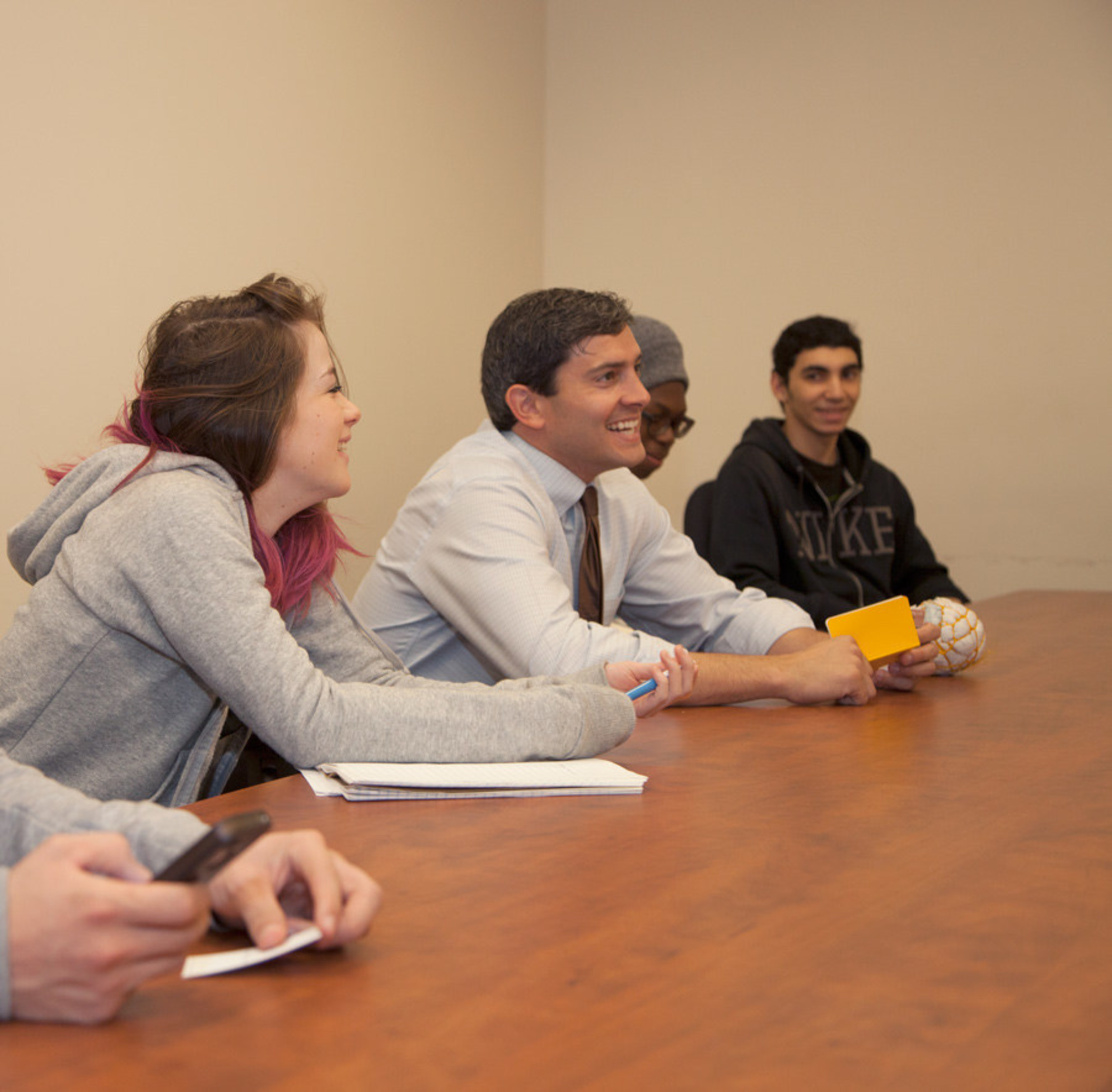 Rye Barcott (middle) meeting with BHCC students on November 6, 2014 at Bunker Hill Community College.