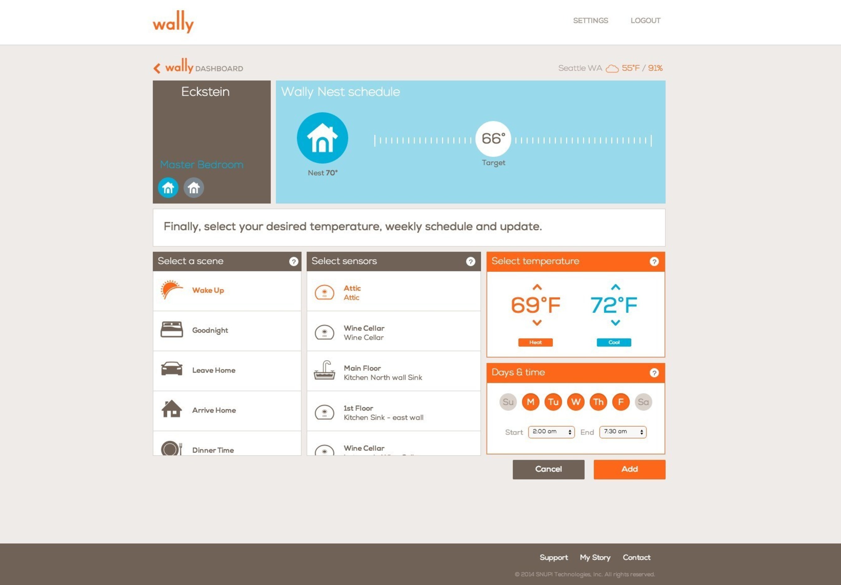 WallyHome with Nest Thermostat highlights the practical benefits of pairing smart home devices with a simple way to maintain a more intelligent, efficient and comfortable home. A dedicated Nest scheduler in the Wally Dashboard can now be used with WallyHome and the Nest Thermostat to help optimize the ideal temperature in multiple rooms for whole-home comfort.