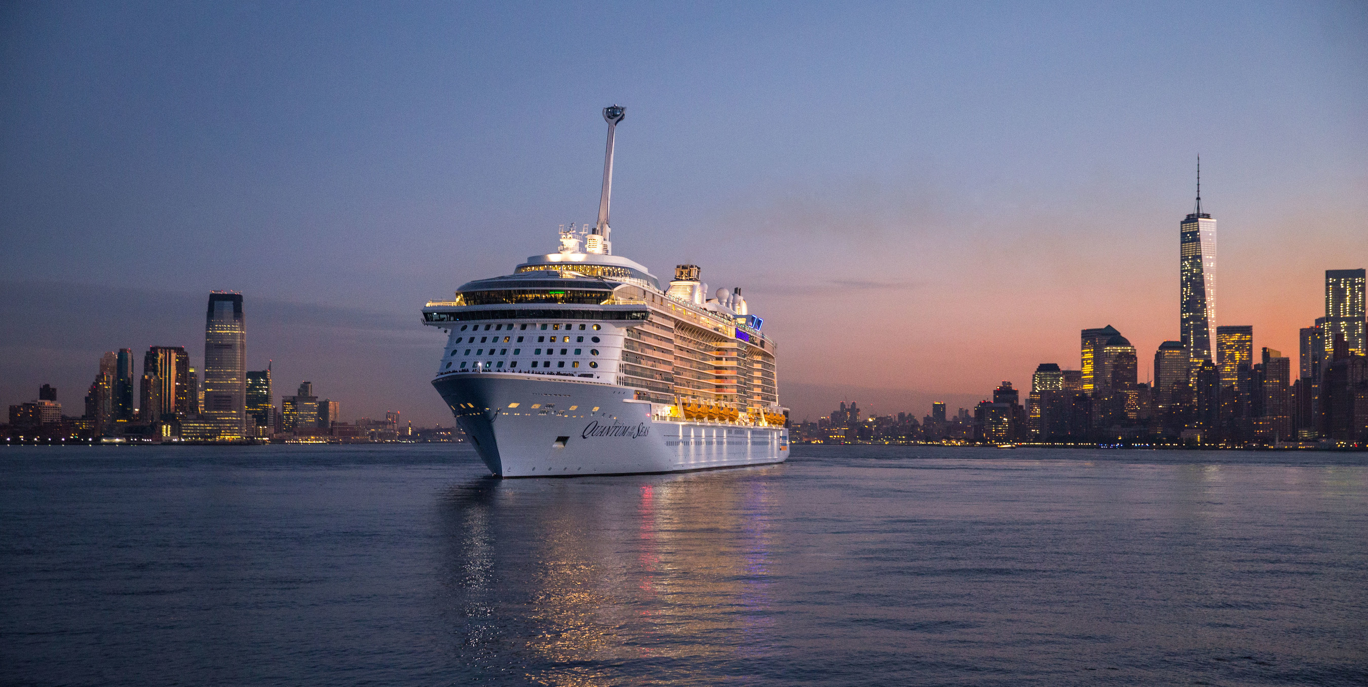 The world's first smartship, Quantum of the Seas, sails into New York Harbor.