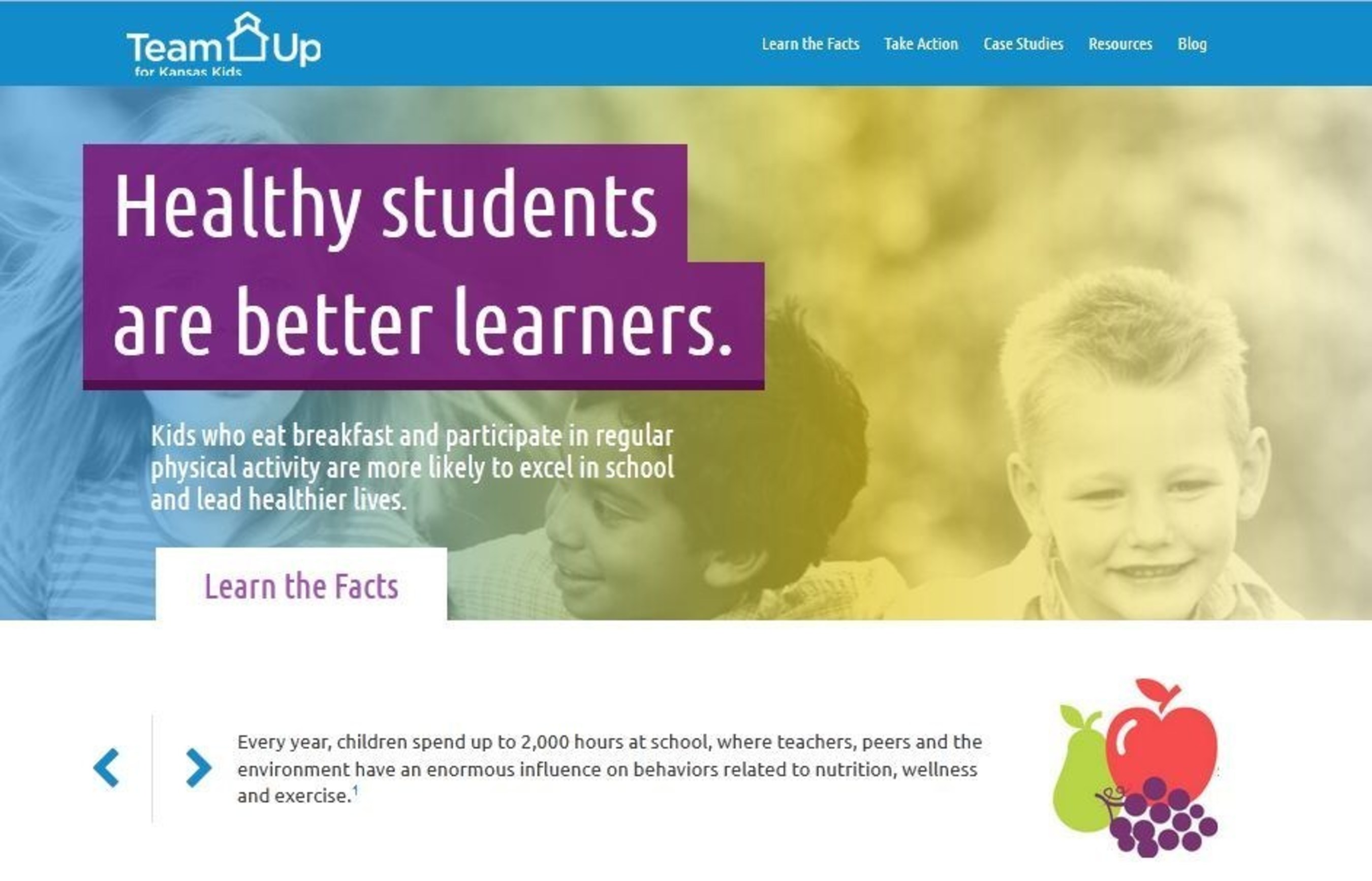 Homepage from teamupforkansaskids.com, which houses resources and best practices for families and school leaders to help improve school wellness across Kansas.