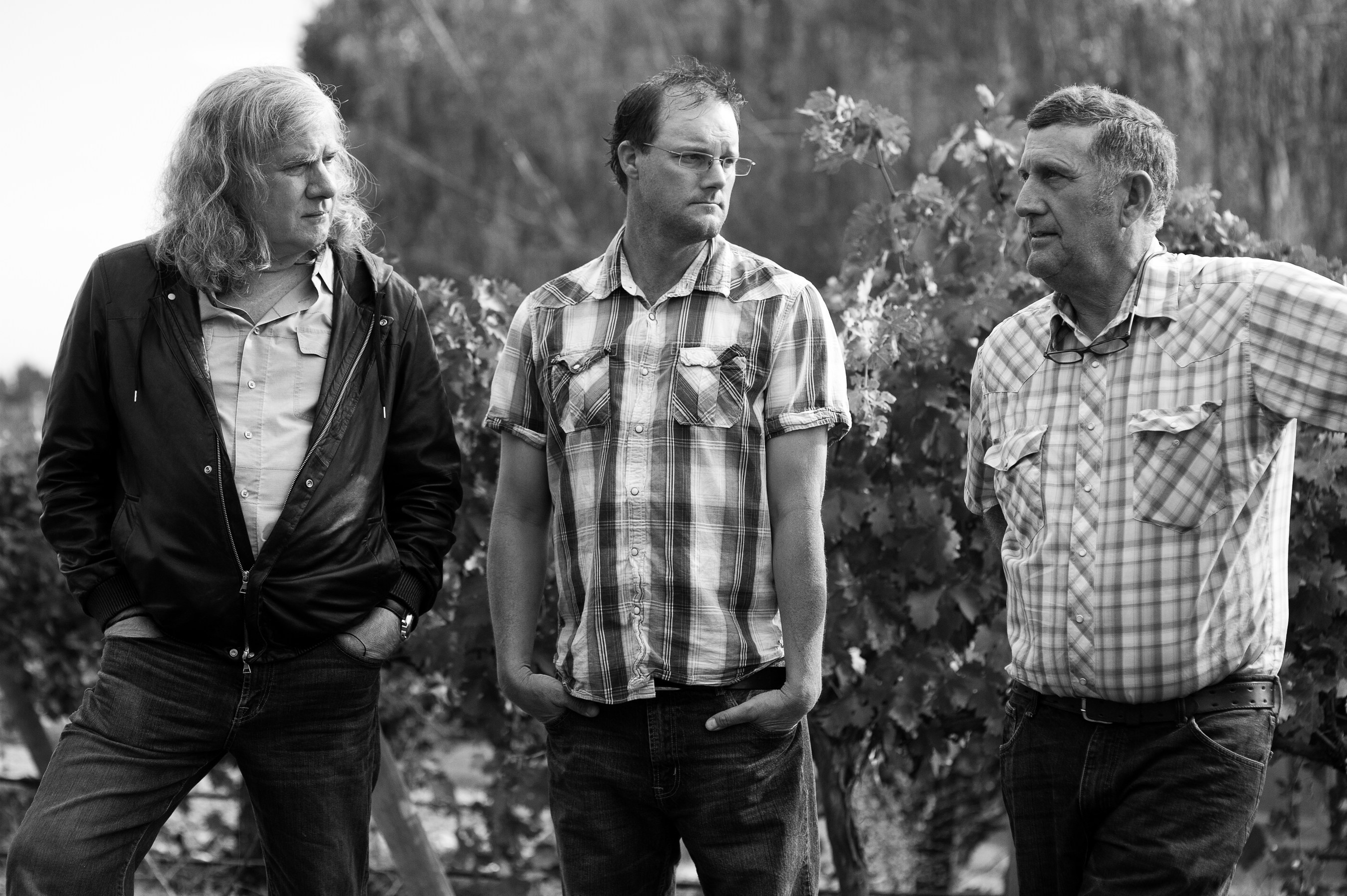 (L-R): Chris Upchurch, Executive Winemaker & Co-Founder of DeLille Cellars; Todd Newhouse, Harrison Hill Vineyard Manager; & Steve Newhouse, 3rd Generation Harrison Hill Vineyard Owner.