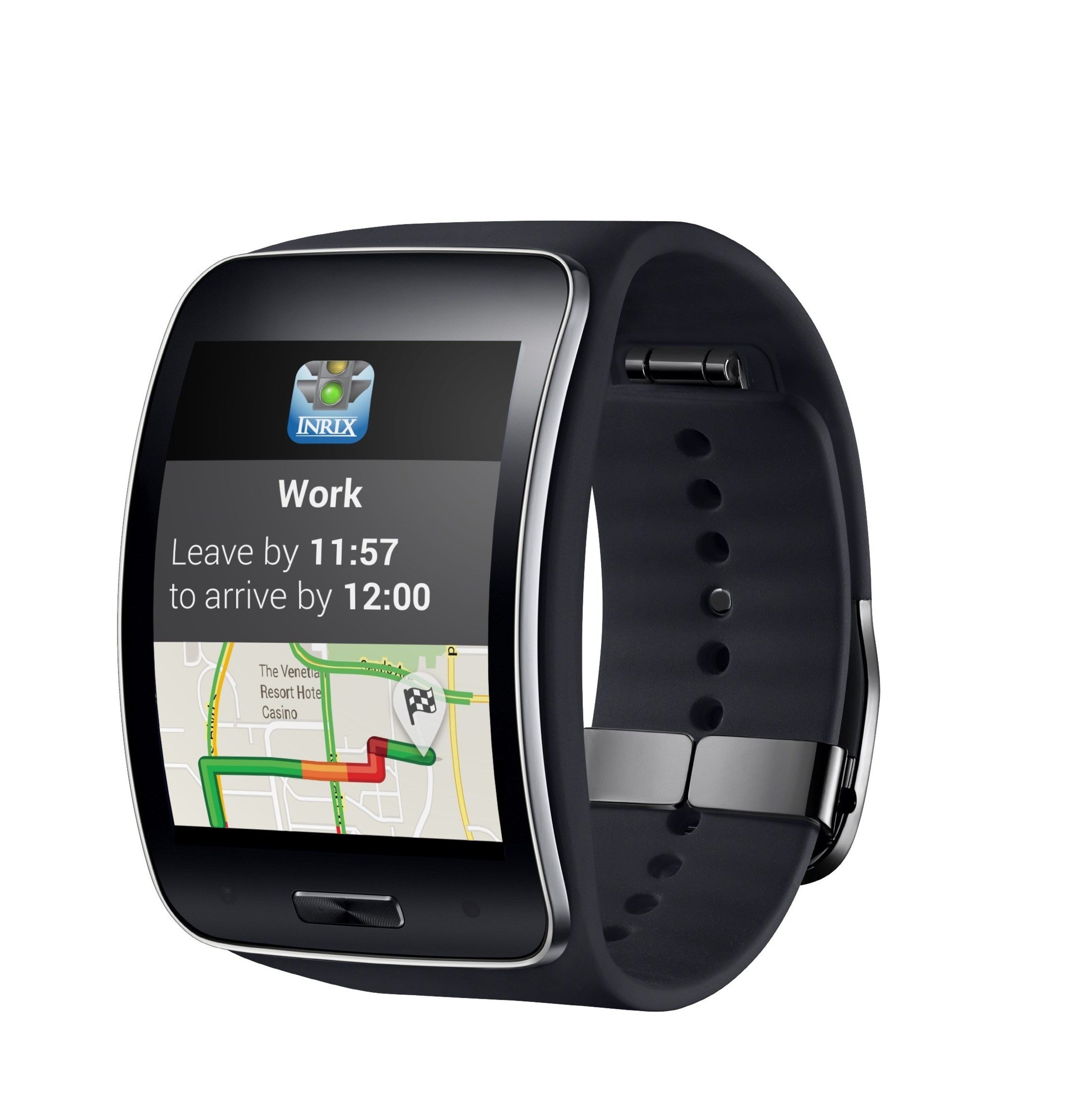 Samsung Gear S owners now can get traffic alerts and recommended departure times in traffic for upcoming trips from their INRIX XD Traffic app right on their smartwatch.