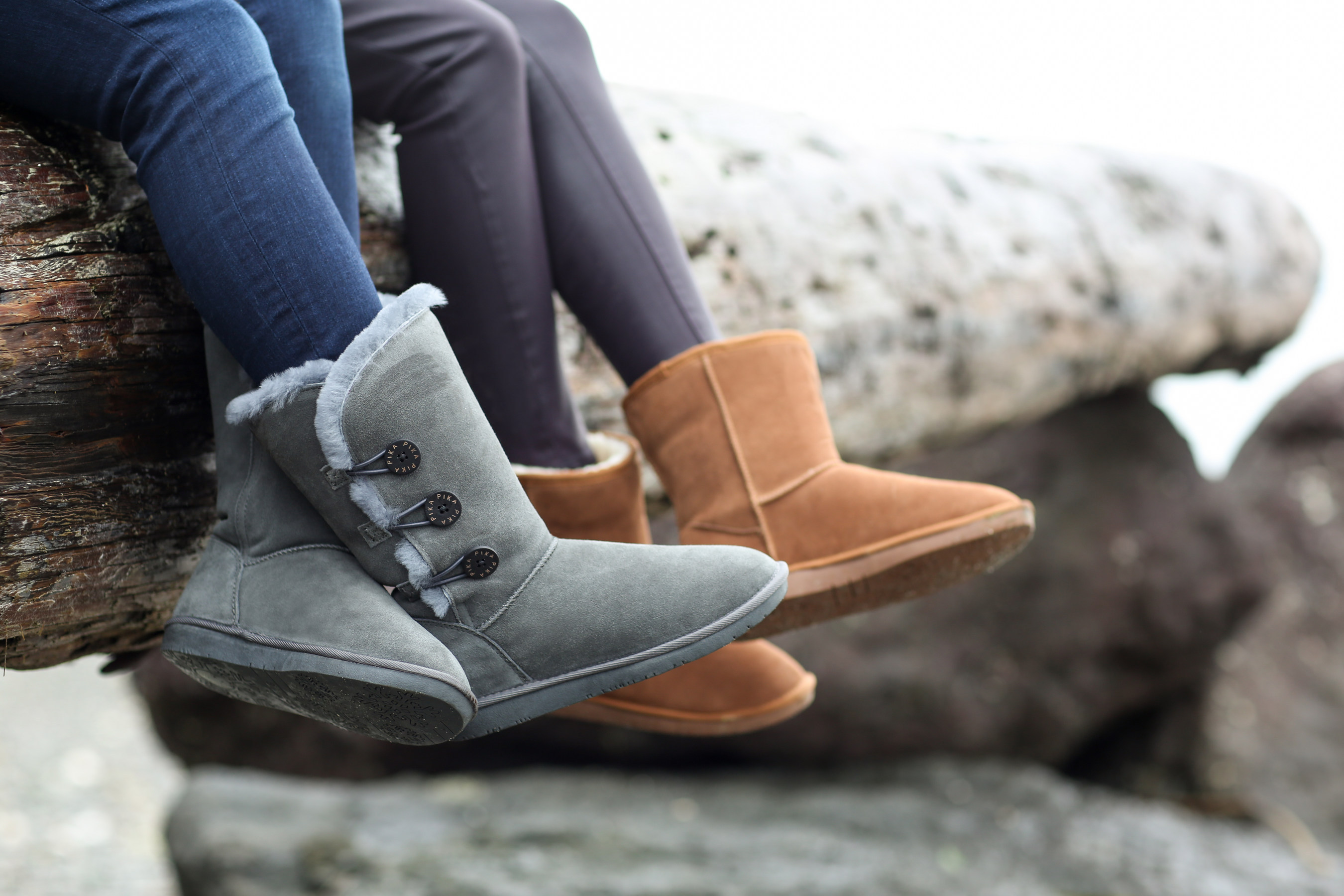Women's PIKA Teya Button Mid in Grey (L) and and Women's PIKA Classic Short in Chestnut (R)