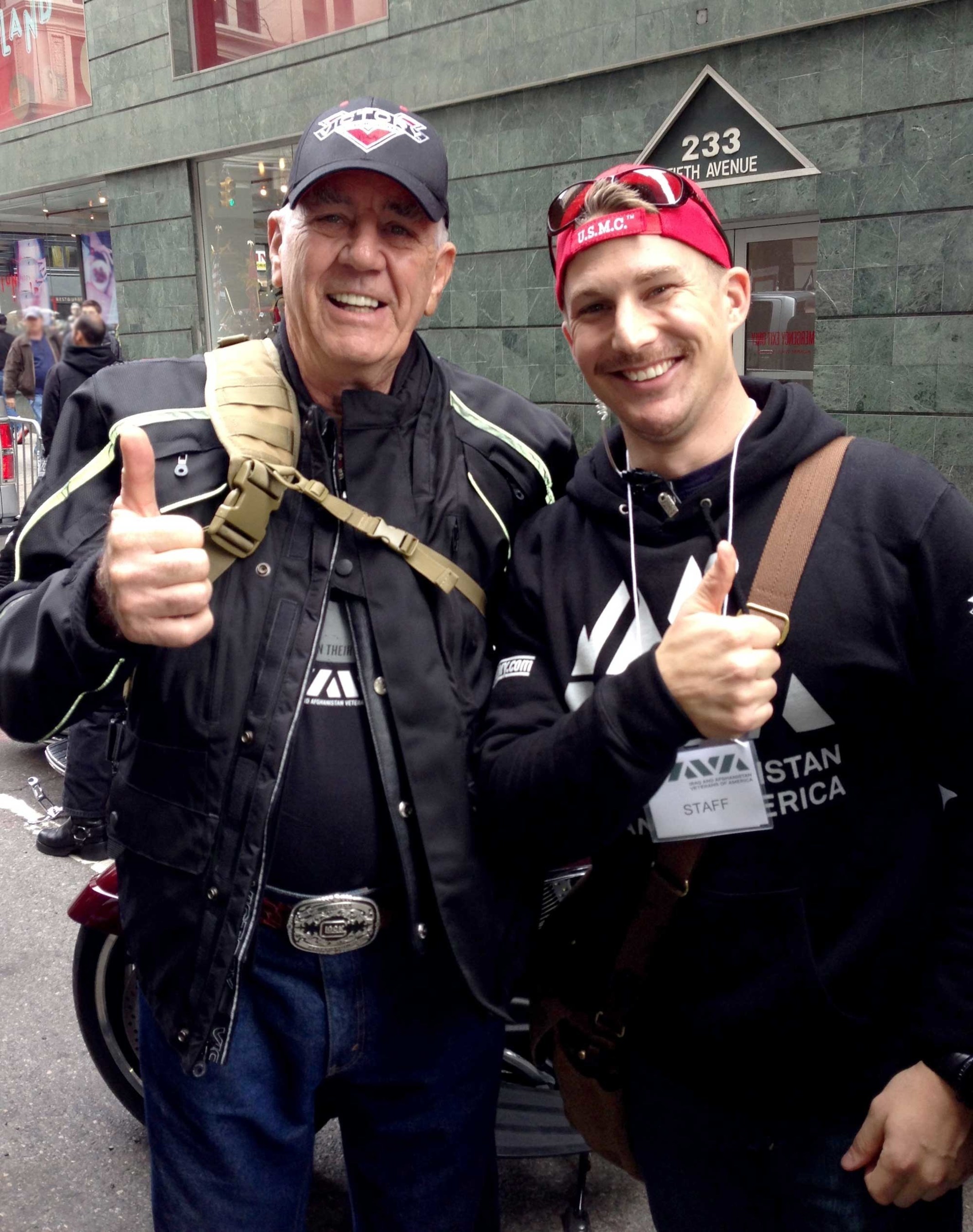 R. Lee Ermey with an IAVA volunteer at the 2014 America's Parade in New York City.