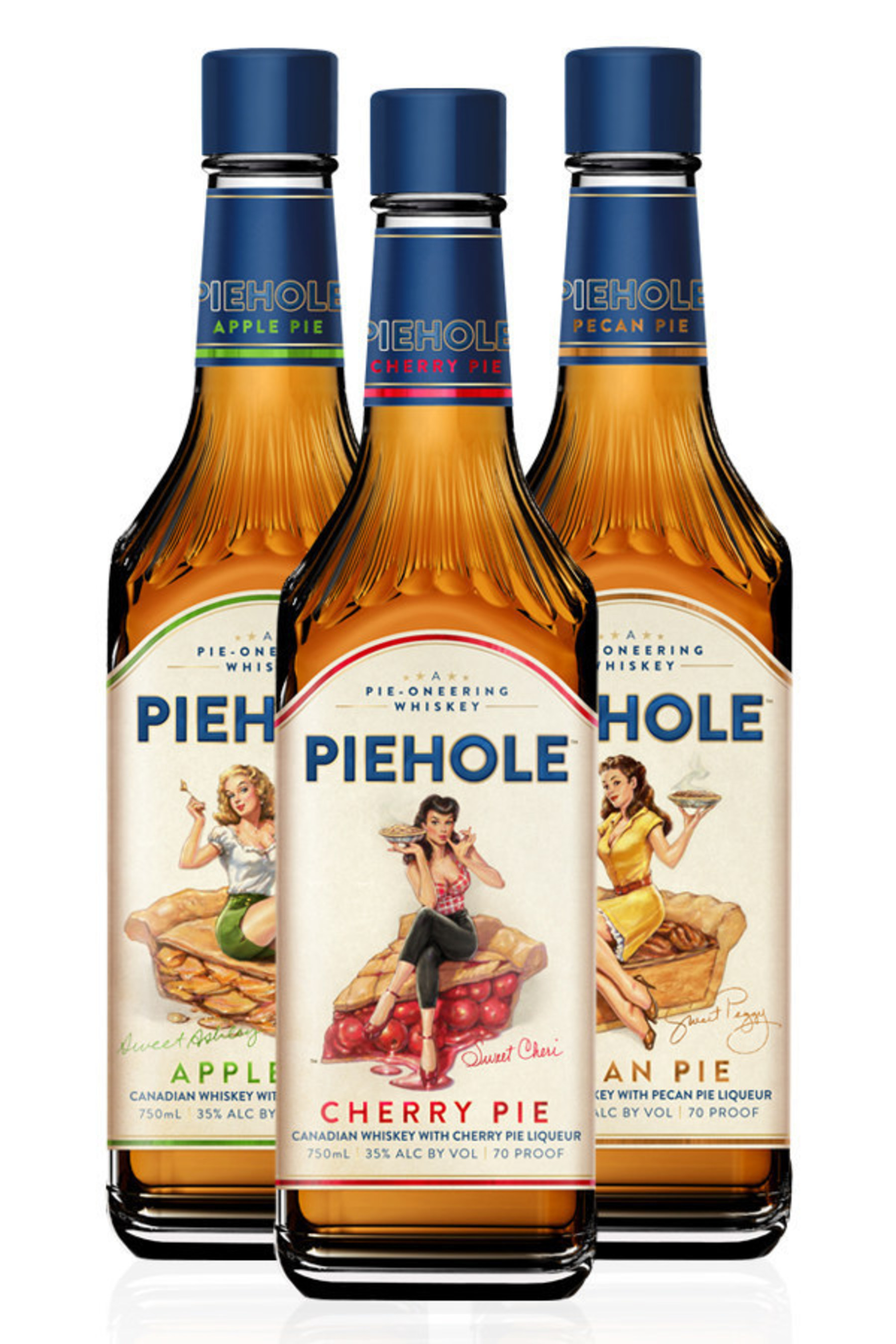 Inspired by Grandma's favorite pie recipes, PIEHOLE(TM) is a delicious blend of Canadian Whiskey and pie-flavored liqueur in the following tempting flavors that your pie hole is sure to love: Apple Pie, Cherry Pie and Pecan Pie.