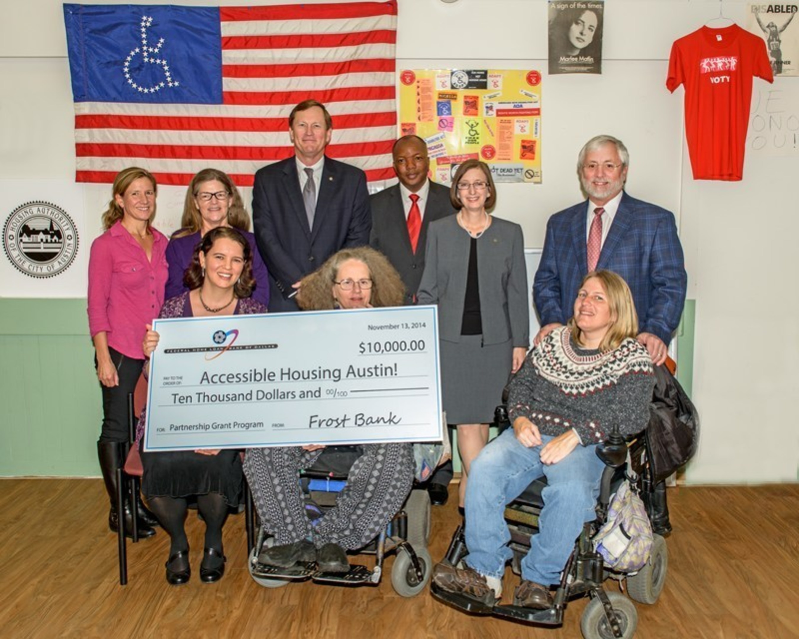 Accessible Housing Austin! (AHA!), Austin's only housing nonprofit led by members of the disability community, today received a $10,000 Partnership Grant Program (PGP) award from Frost Bank and the Federal Home Loan Bank of Dallas (FHLB Dallas). The funding will be used to support operations as the organization develops a 20- to 27-unit apartment complex in partnership with the Housing Authority of the City of Austin.
