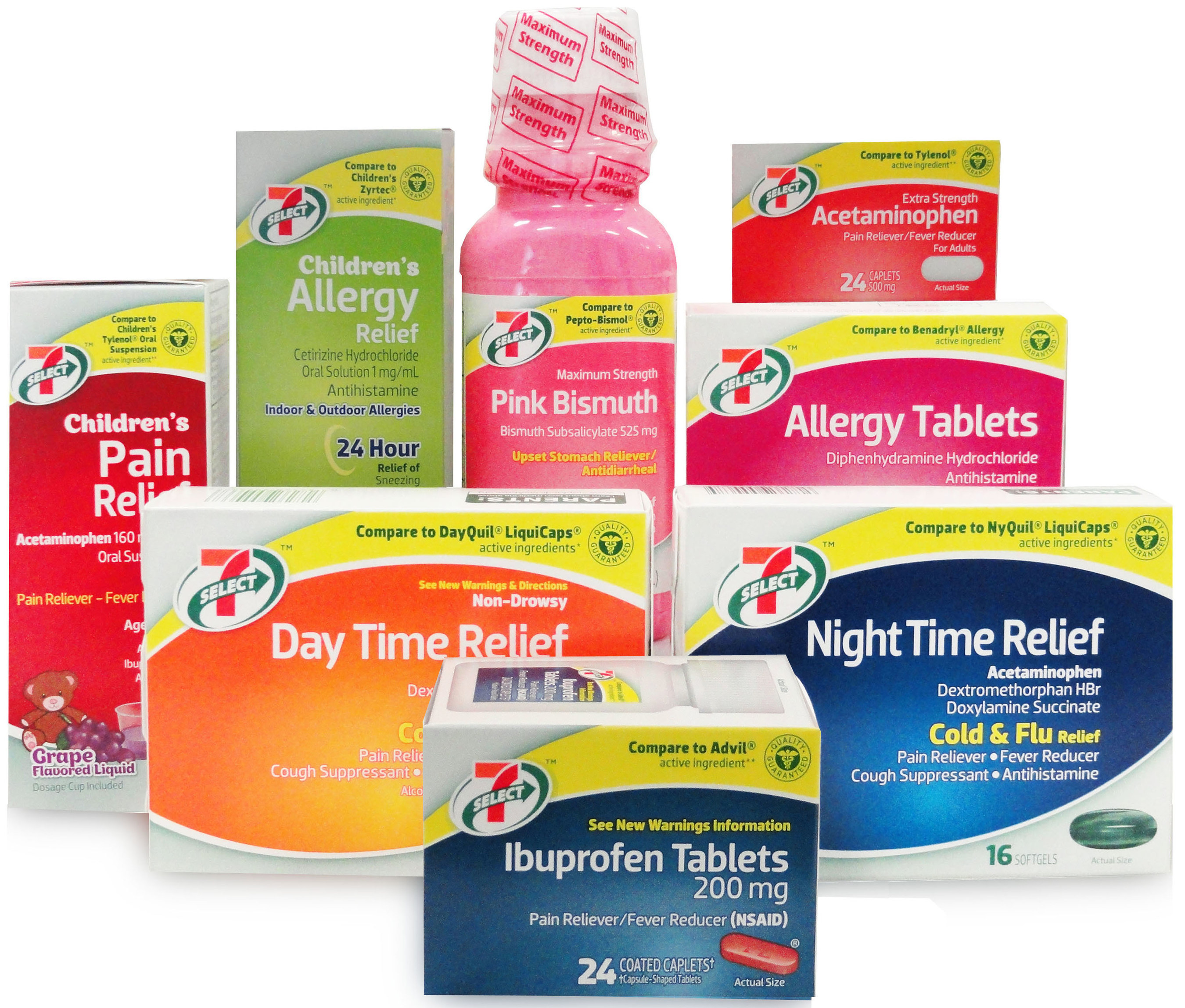 7-Eleven, Inc. launches its private-brand 7-Select line of other-the-counter pain relievers. Pictured here are eight of the 34 medications 7-Eleven stores can choose for their customers.