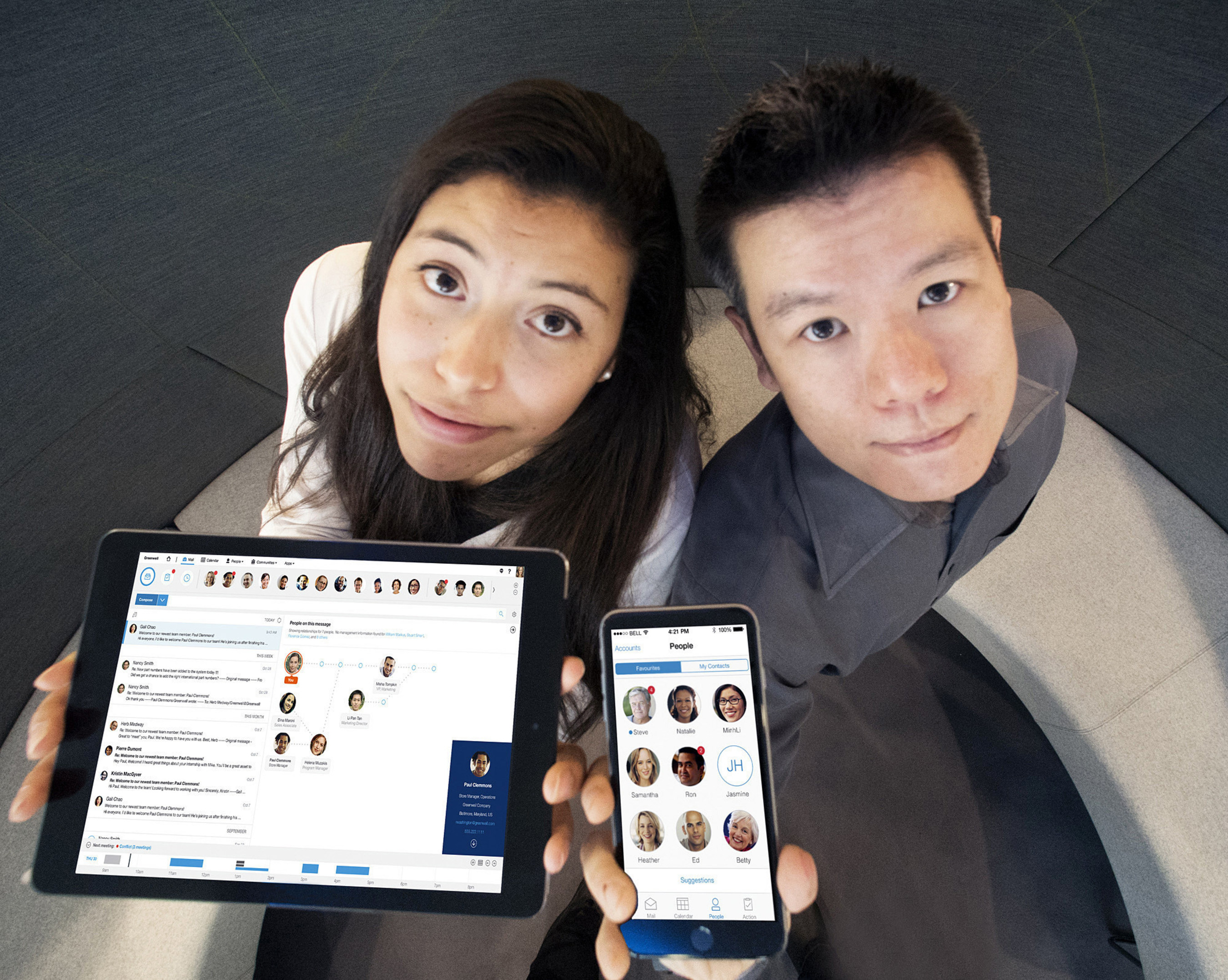 At IBM's Design Studio in New York City's Silicon Alley, employees Catherine Gillespie and Kevin Chiu demonstrate IBM Verse, a new social email app that uses analytics technology to prioritize important tasks and manage social relationships, on Tuesday, November 18, 2014.