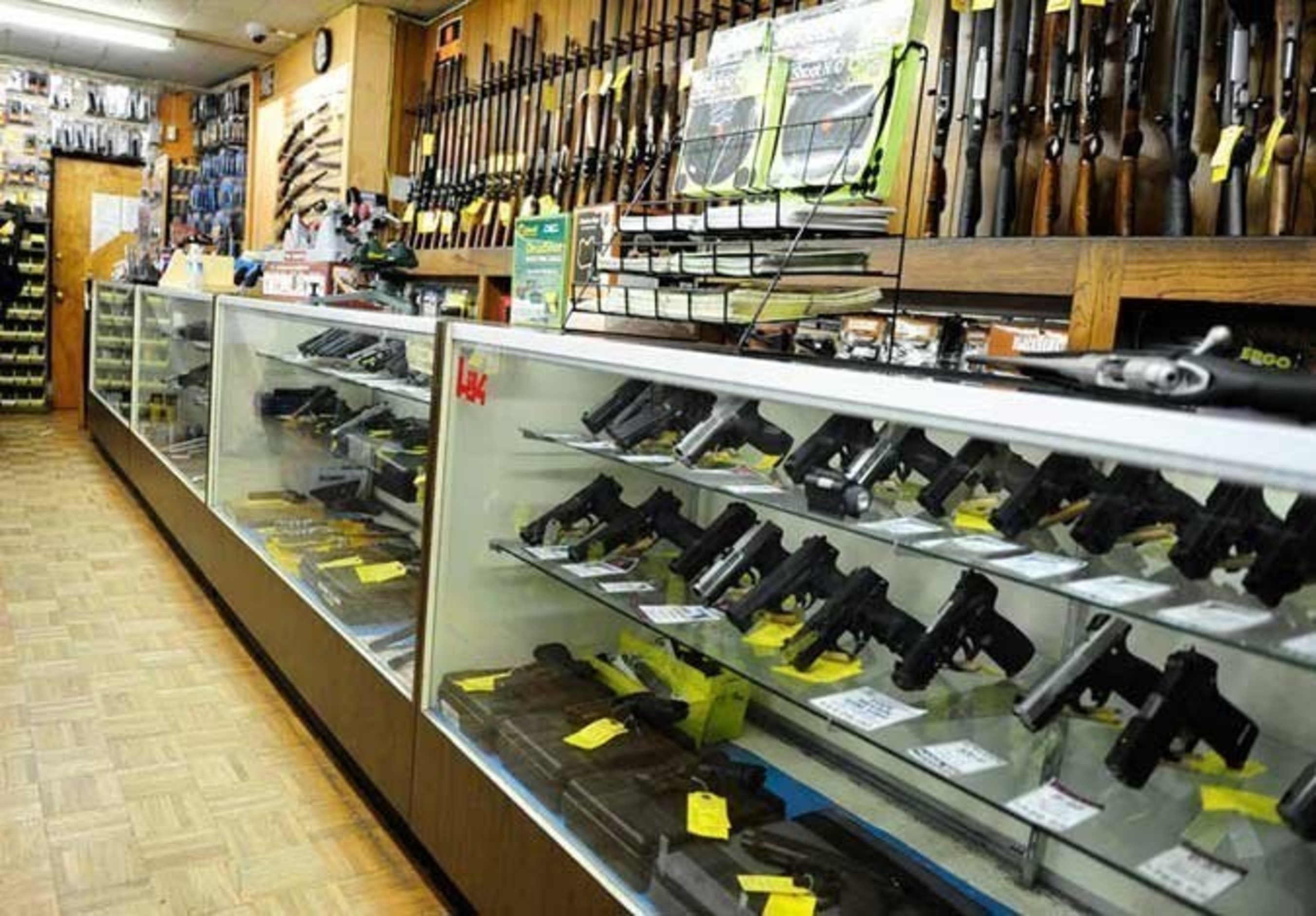 Handguns on display at Martin B. Retting, a gun dealer located in Culver City, California.