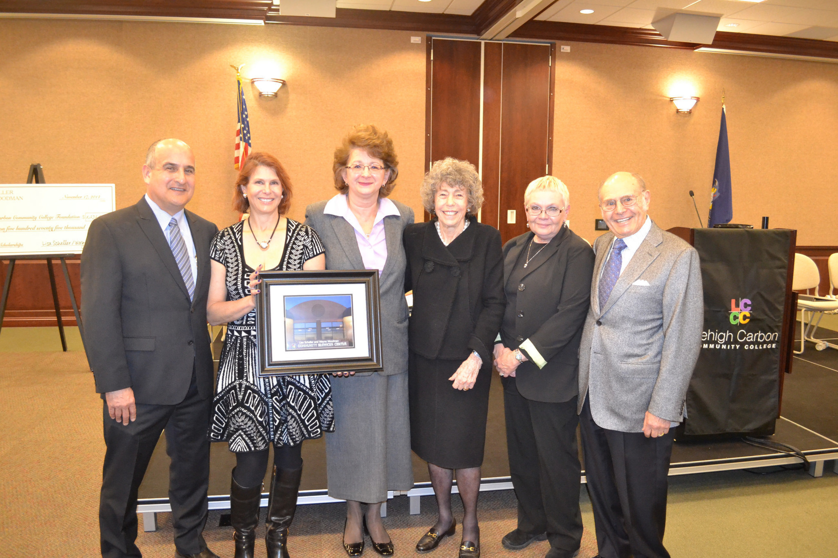 From left to right; Wayne Woodman, Lisa Scheller, Dr. Ann D. Bieber of Lehigh Carbon Community College, Roberta Scheller, Ellen Kern of Chief of Staff for State Senator Pat Browne and the Chair of the LCCC Foundation Board of Directors, and Ernest Scheller.