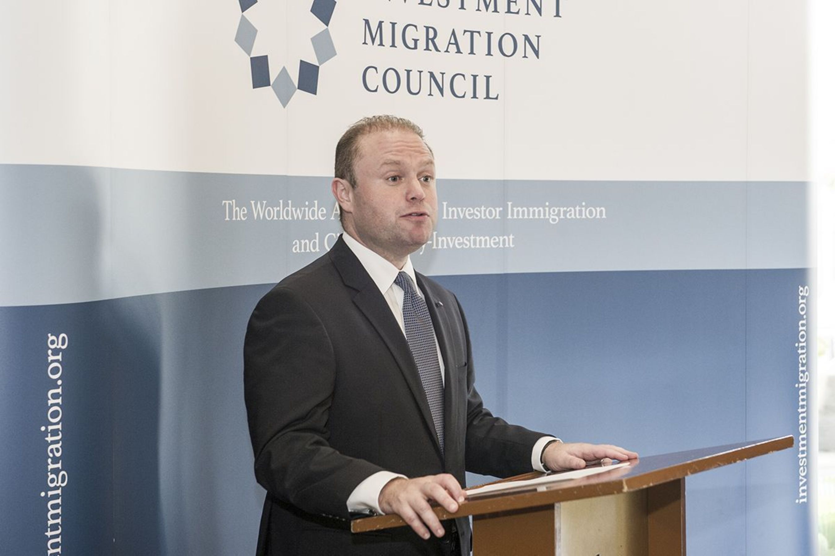 The Hon. Dr. Joseph Muscat, Prime Minister of the Republic of Malta speaking at the first Investment Migration Council Membersâeuro(TM) Lunch in Singapore. (PRNewsFoto/IMC)