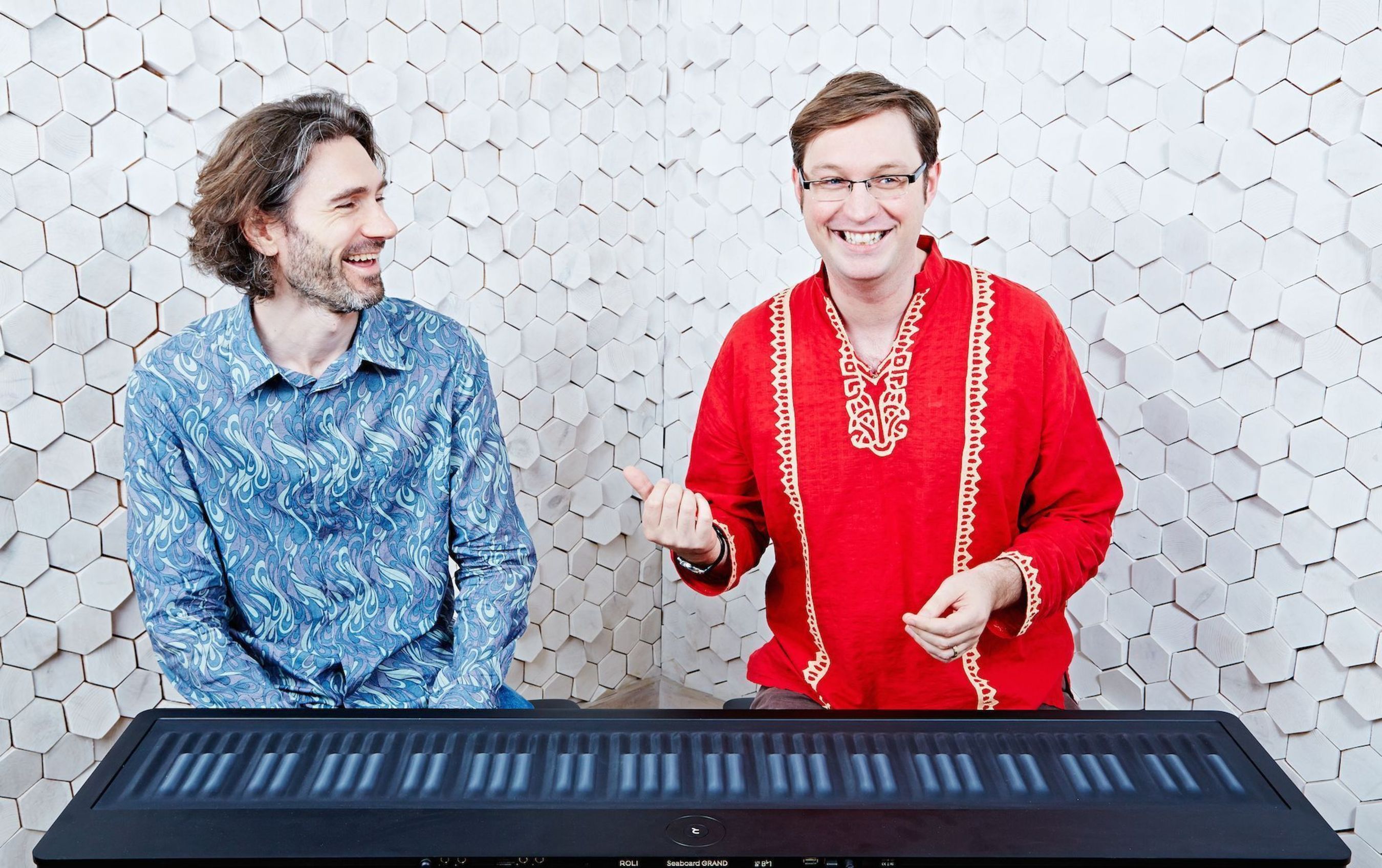 Roland Lamb, ROLI Founder and CEO, and Julian Storer, Founder of Raw Materials Software and creator of JUCE, share a laugh in front of the Seaboard in the SoundHive at ROLI HQ. (PRNewsFoto/ROLI)
