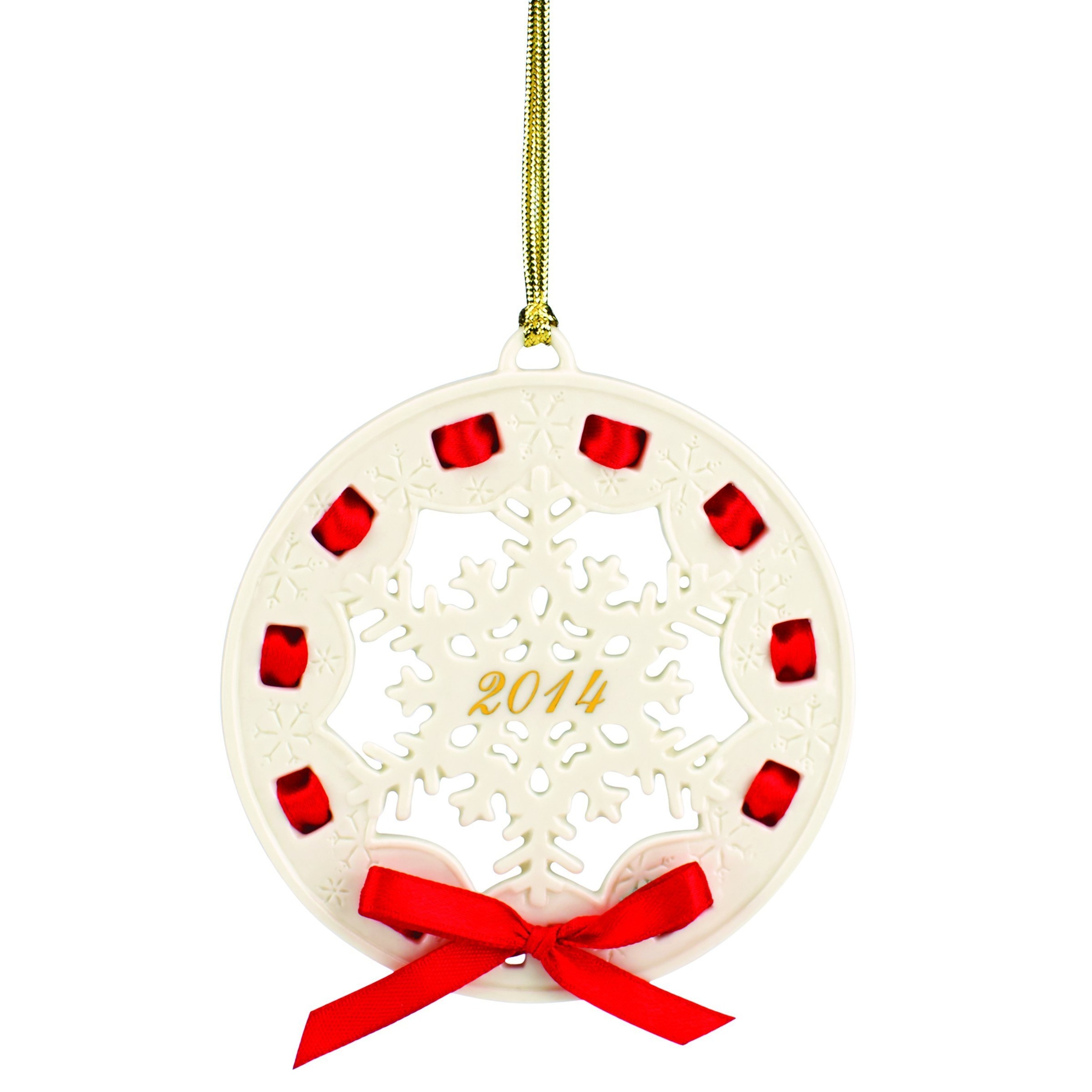 Lenox 2014 Christmas Wrappings Snowflake Ornament - Preserve the beauty of a single snowflake in ivory porcelain. Features a red ribbon woven through the edges.