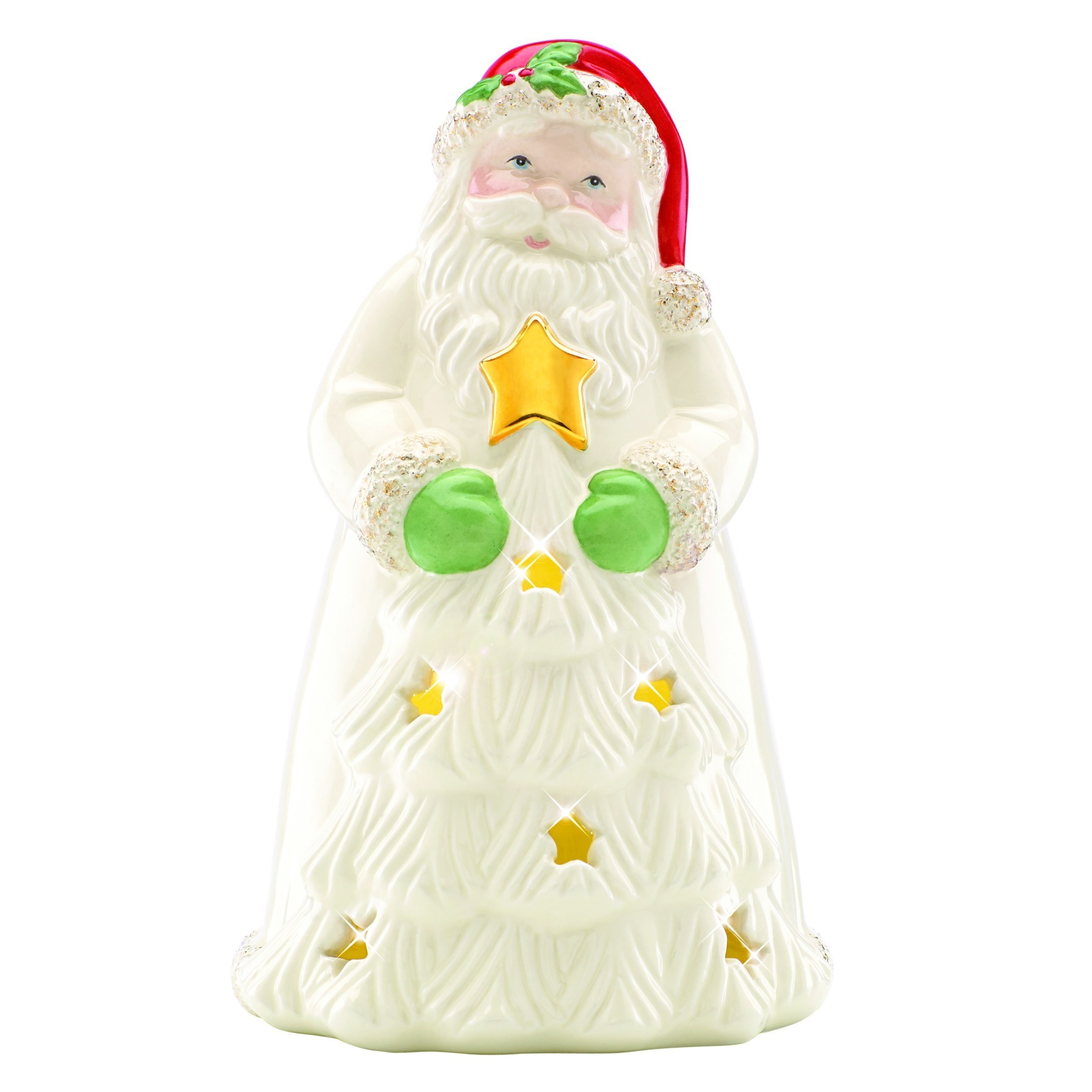 Lenox Santa Lit Figurine - Two lighting effects!  Warm, glowing lights in white or in changing colors make this happy, smiling Santa very special.