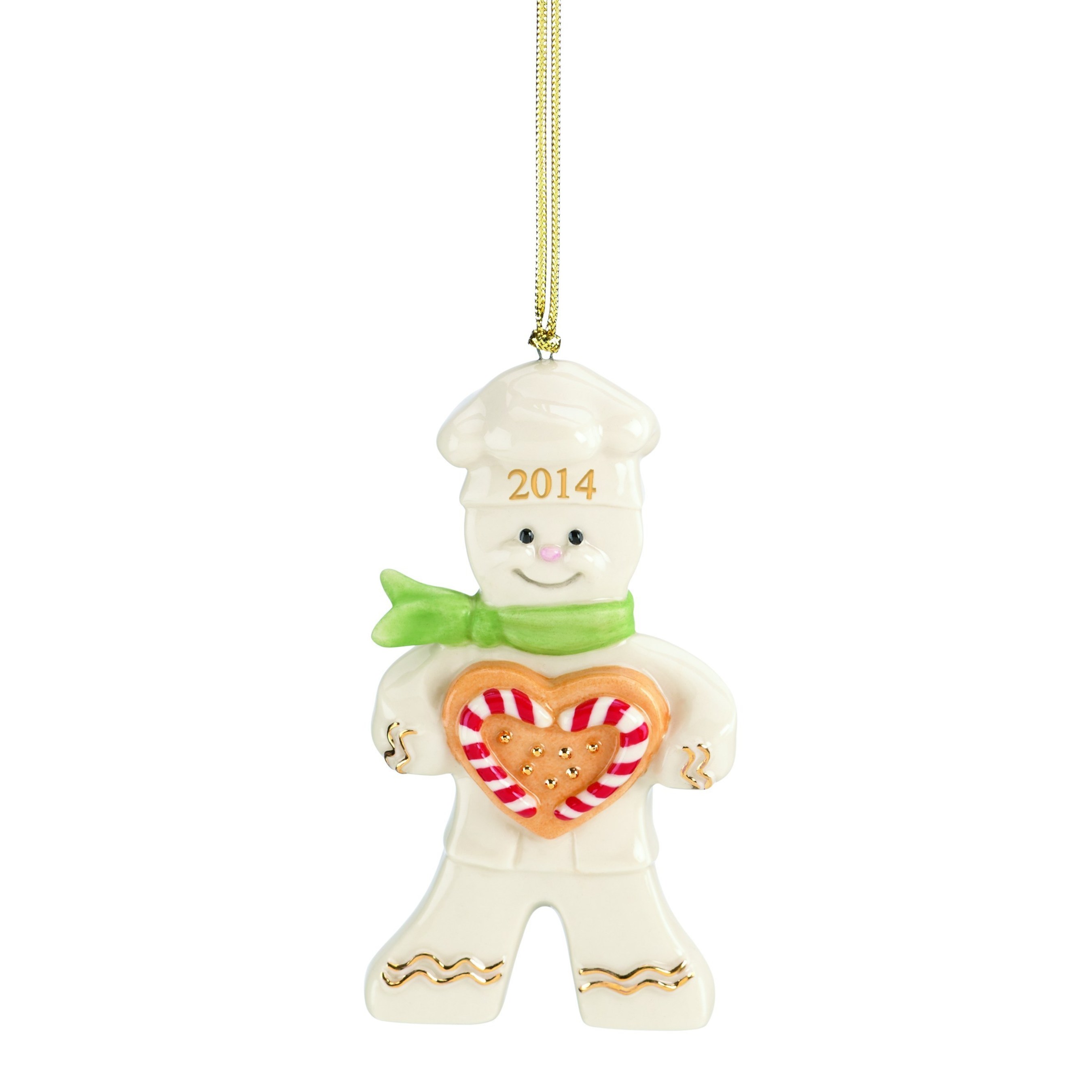 Lenox 2014 Peppermint Love Gingerbread Ornament - This sweet friend holds a warm gingerbread heart embellished with candy canes and gold accents.