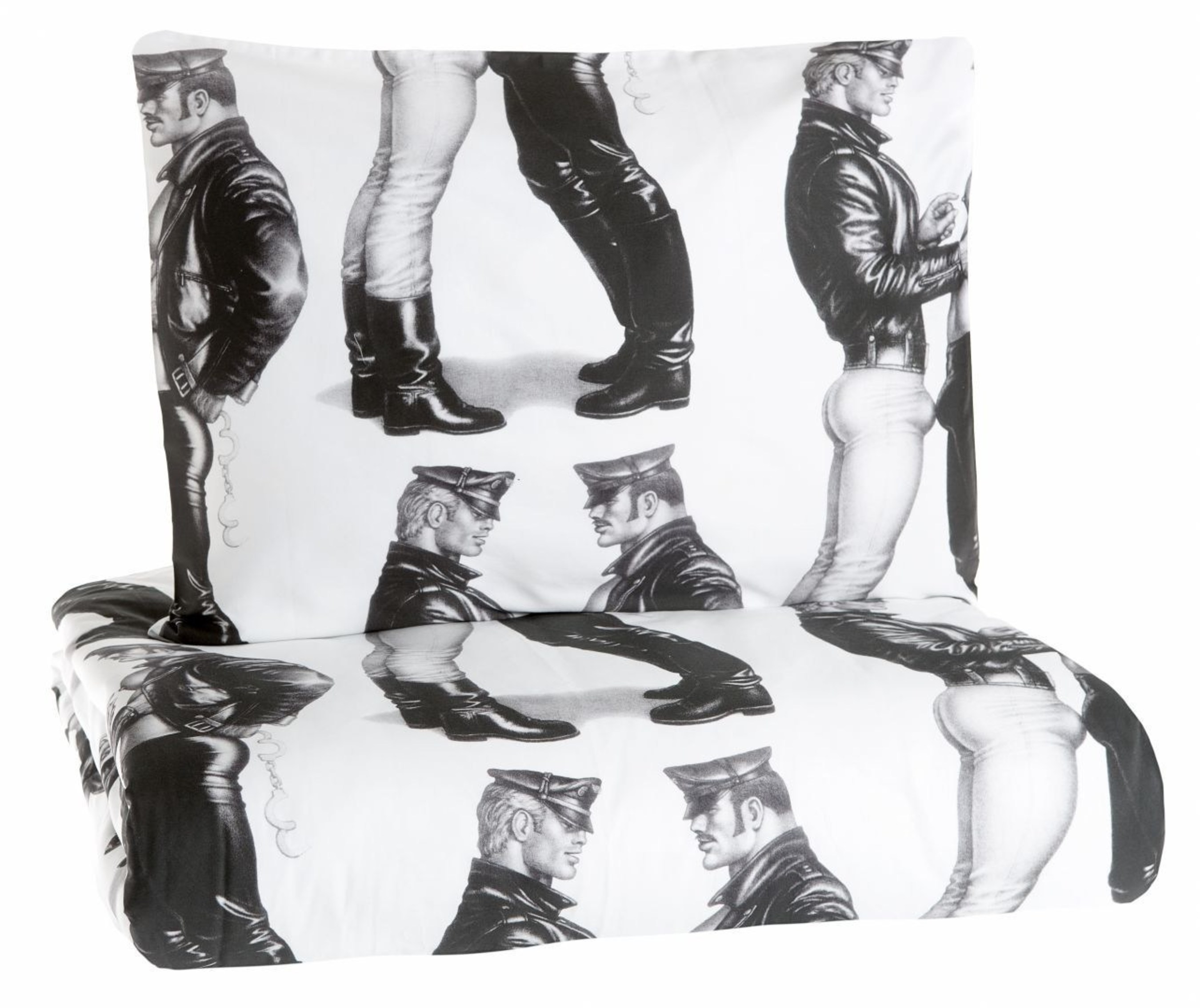 The Tom of Finland X Finlayson Collection includes satin sheets, duvet covers, hand and bath towels and a textile tote bag featuring two designs by Tom of Finland.
