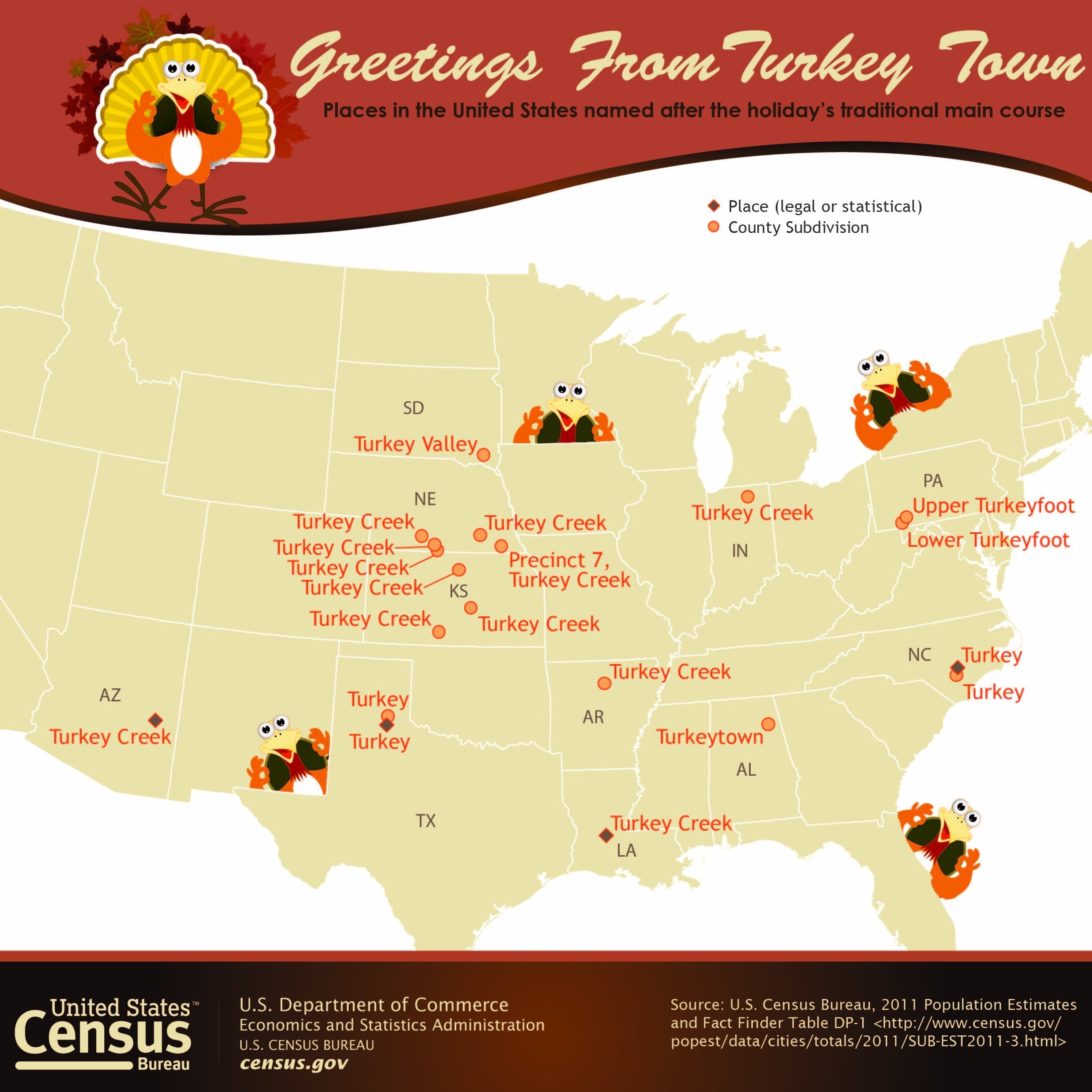 The Census Bureau celebrates Thanksgiving by showing all the places in the United States named after the holiday's traditional main course, turkey. Turkey Creek, La., was the most populous in 2013, with 435 residents, followed by Turkey, Texas (410), Turkey, N.C. (291) and Turkey Creek, Ariz. (294).
