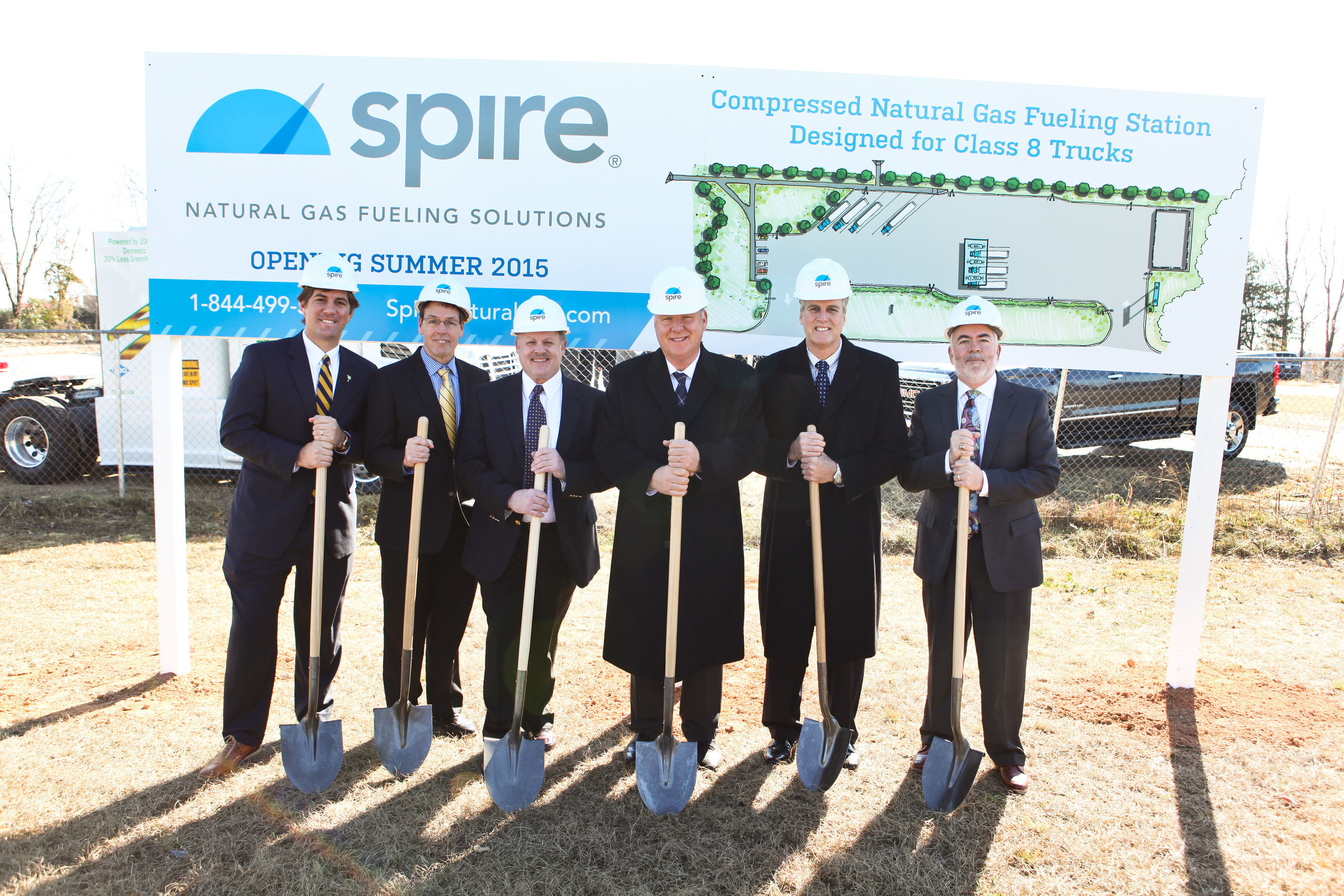 Local and company officials break ground for new Spire compressed natural gas station in Greer SC. (Left to Right) Mark Owens, Greer Chamber President; Scott Keeley, Siemens Project Director; Peter Stansky, COO of Spire; Perry Williams, Greer Commissioner of Public Works; Rick Danner, Mayor of Greer; Edward Driggers, Greer City Manager.