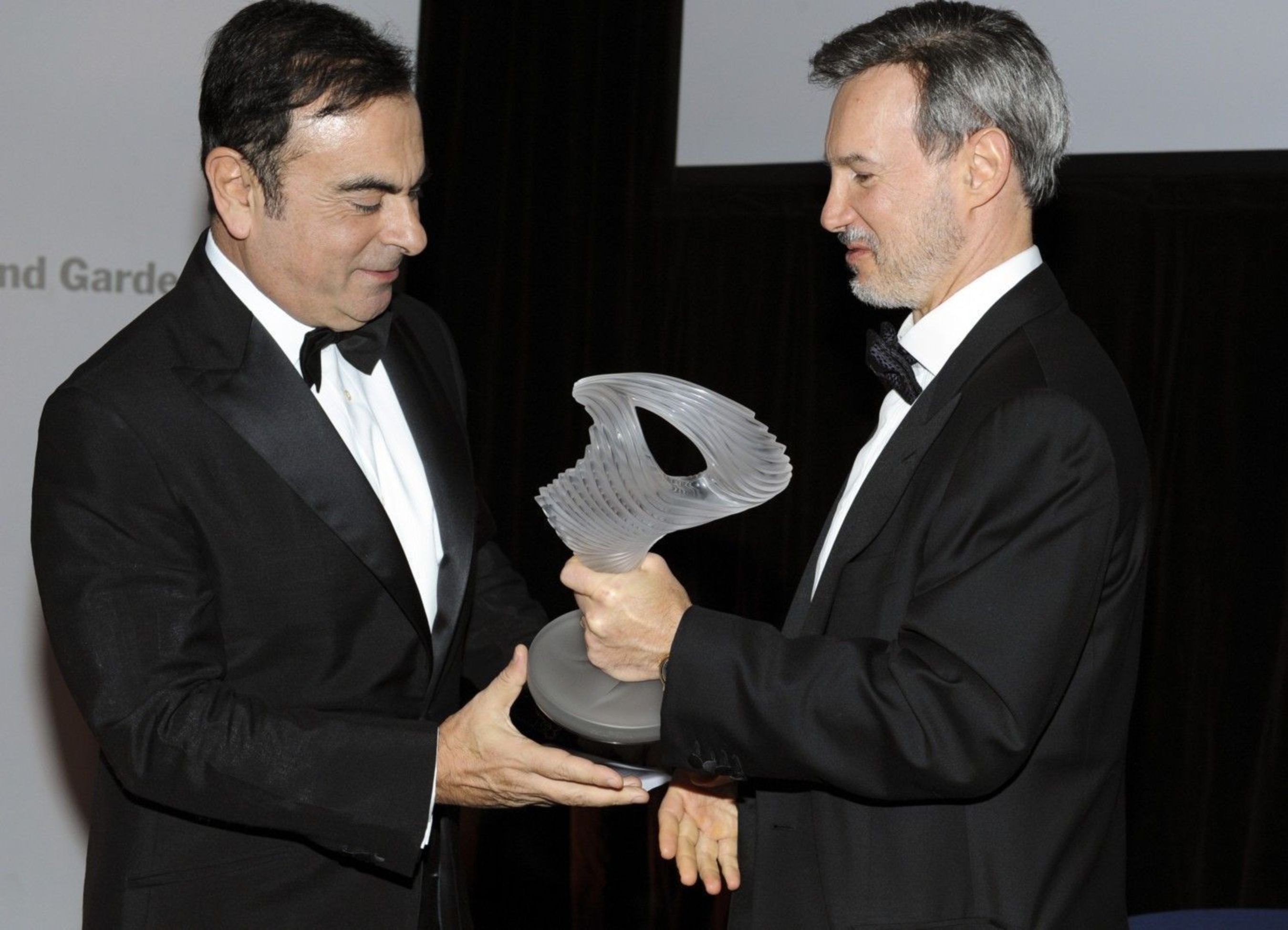 Carlos Ghosn, CEO of the Renault-Nissan Alliance, receives Action Against Hungerâeuro(TM)s Humanitarian Award at the organizationâeuro(TM)s annual gala Thursday night at the Museum of Modern Art in New York. Handing Mr. Ghosn the award is Raymond Debbane, Chairman of the Board of Directors of Action Against Hunger. The group honored Nissan, Renault and the Alliance for their global humanitarian work, including the establishment of an emergency rapid-response fund to assist with humanitarian disasters. Photo by Stephane Kossmann (PRNewsFoto/Renault-Nissan Alliance)