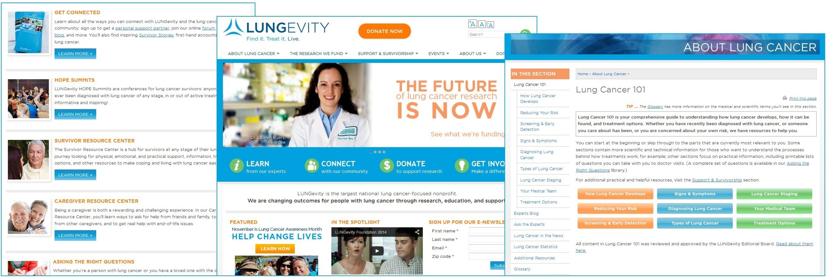 Screenshots of the new LUNGevity website