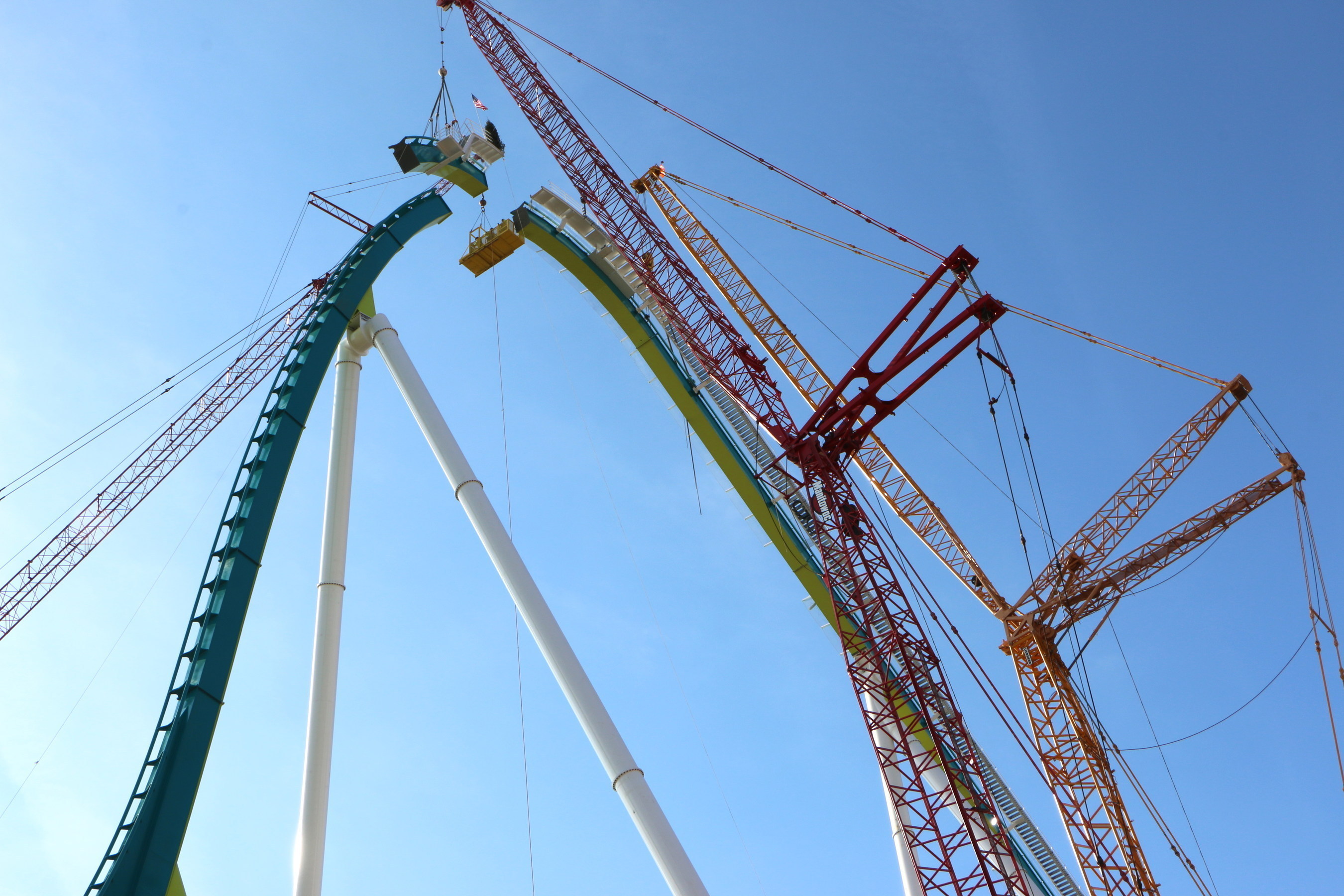 Crews hoist the last piece of the Fury 325 lift hill into place at Carowinds in Charlotte, NC at 325 feet tall. Debuting in Spring 2015, Fury 325 will be the world's tallest and fastest giga coaster.