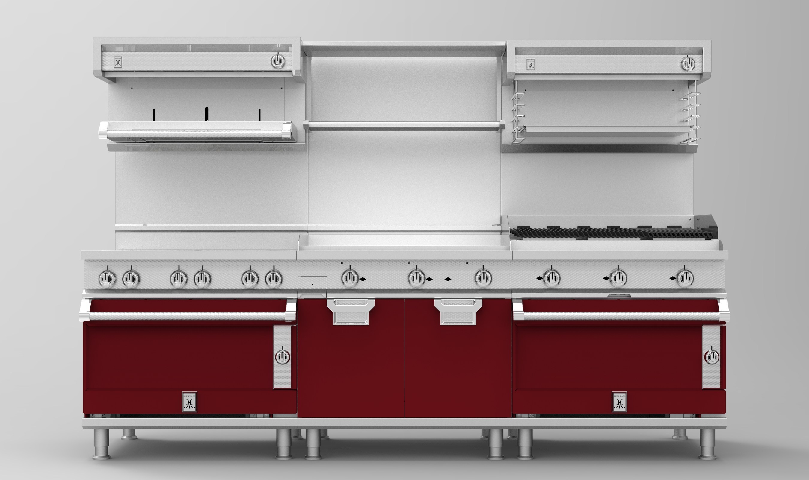 Made entirely in the USA, Hestan Commercial is available in twelve different exclusive color finishes and customizable Marquise accents. The lineup includes freestanding ranges with sealed burners, island suites, lineups, countertop equipment, convection ovens, griddles, char broilers, French tops, hot tops, planchas, salamanders, cheesemelters, fryers, pasta cookers, and refrigerated bases.