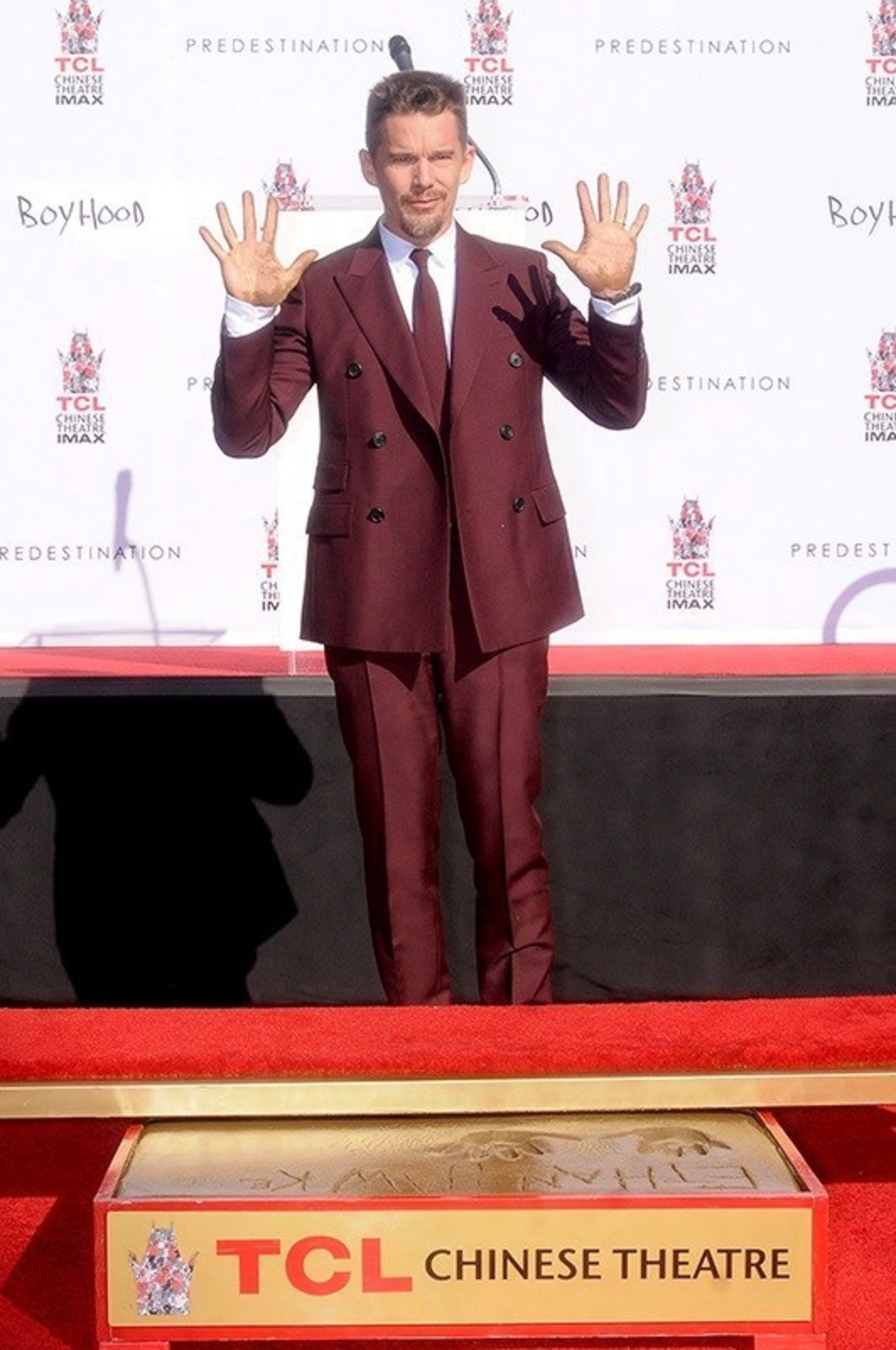 Ethan Hawke, star of Sony Pictures Worldwide Acquisitions and Vertical Entertainment's Predestination places handprints and footprints at TCL Chinese Theatre IMAX Forecourt on Jan. 8.