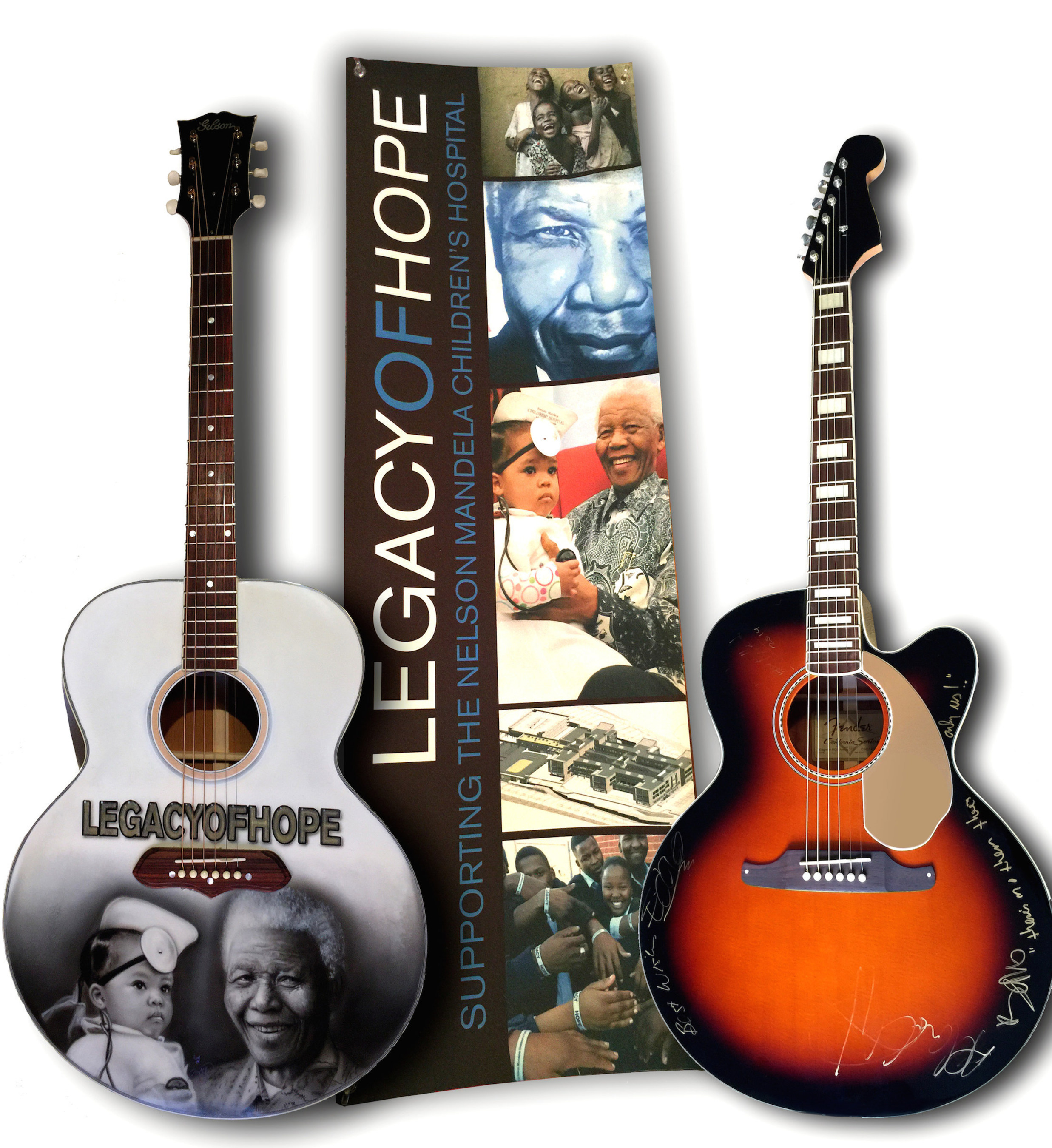 U2 signed guitar alongside trademark Legacy of Hope Campaign Guitar