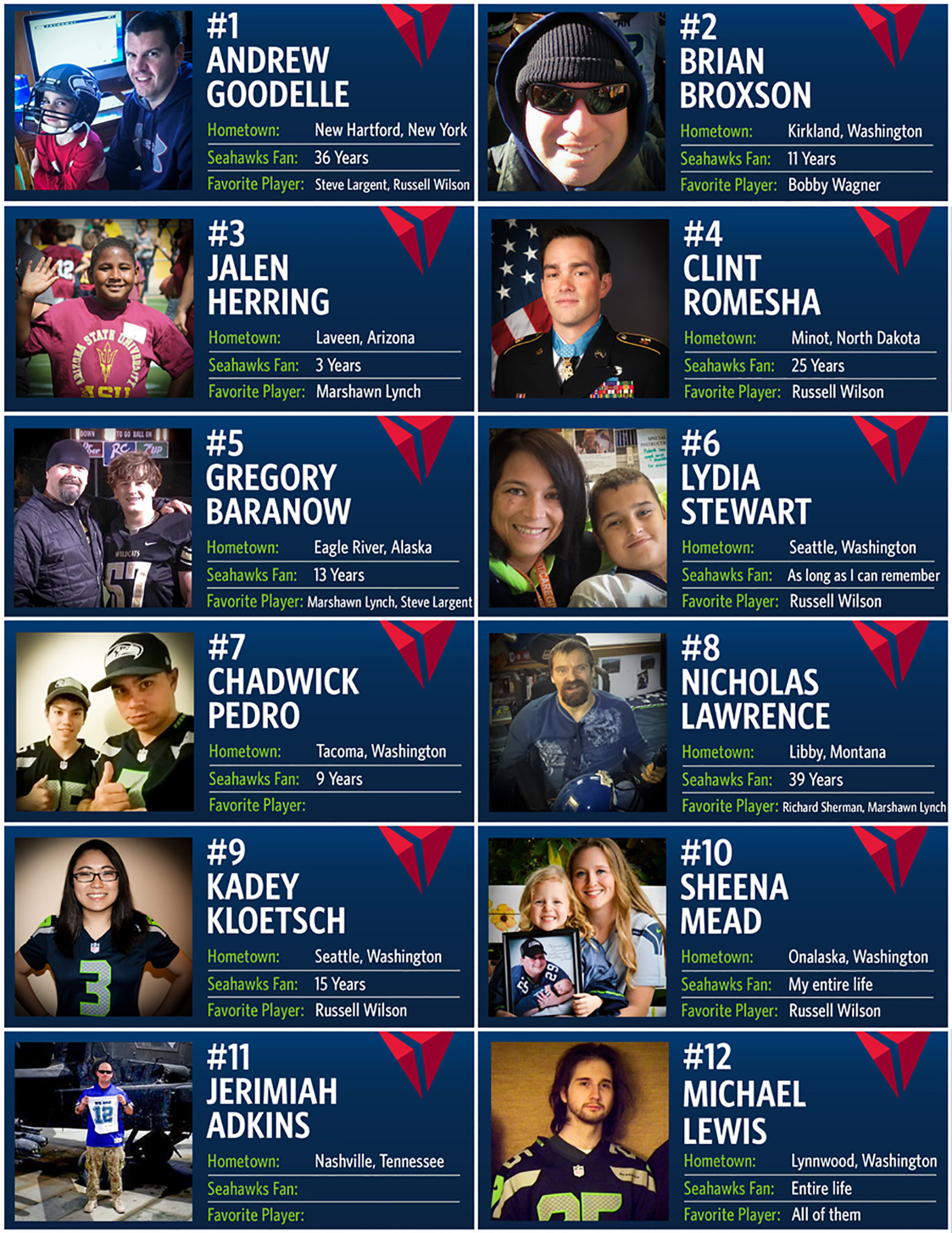 Delta and Seahawks select 12 deserving fans to attend Saturday's divisional playoff game in Seattle.