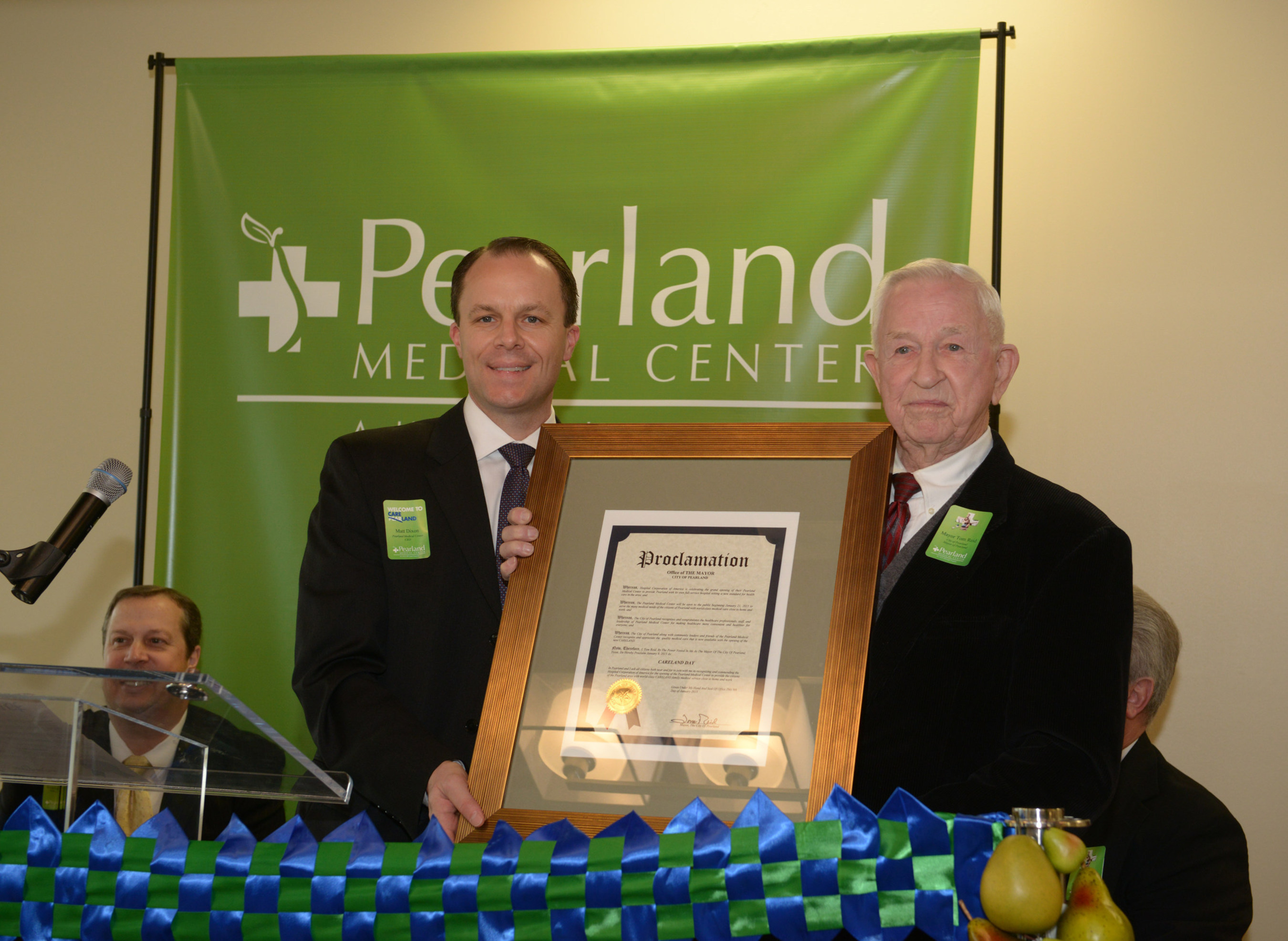 Pearland Medical Center CEO, Matt Dixon, accepts Pearland Mayor Tom Reid's "Pearland is Careland" proclamation on January 9, 2015.