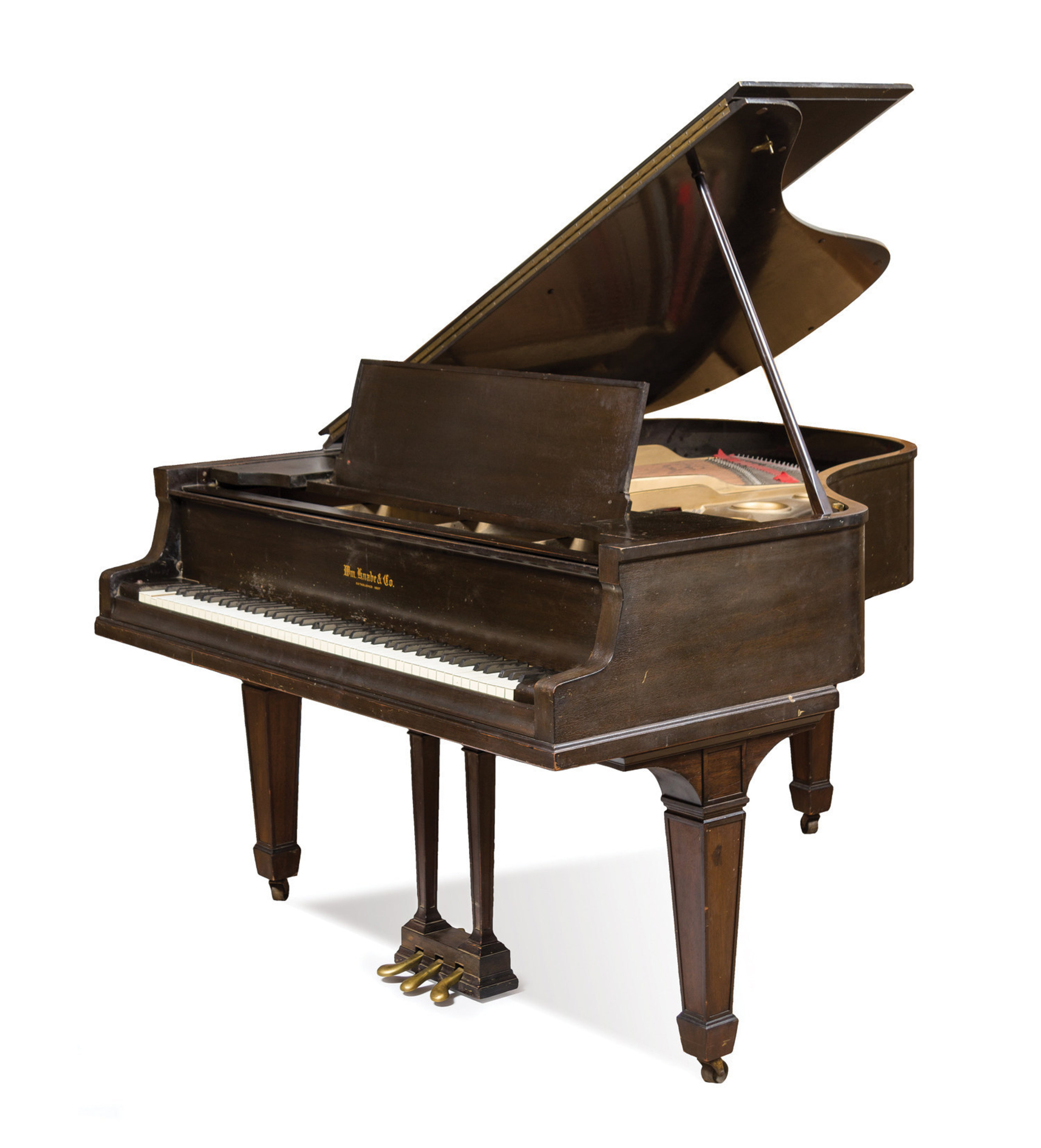 The Wm. Knabe & Co. baby grand piano, circa 1925, used by Elton John to write Rock of the Westies, "Philadelphia Freedom" and "Don't Let the Sun Go Down on Me." This piano was housed in Caribou Ranch's Ouray cabin and used by other artists such as Michael Jackson, Frank Zappa, Stephen Stills, Dan Fogelberg, Peter Cetera and many more. The piano is one of many for sale at auction by Leslie Hindman Auctioneers on January 24.