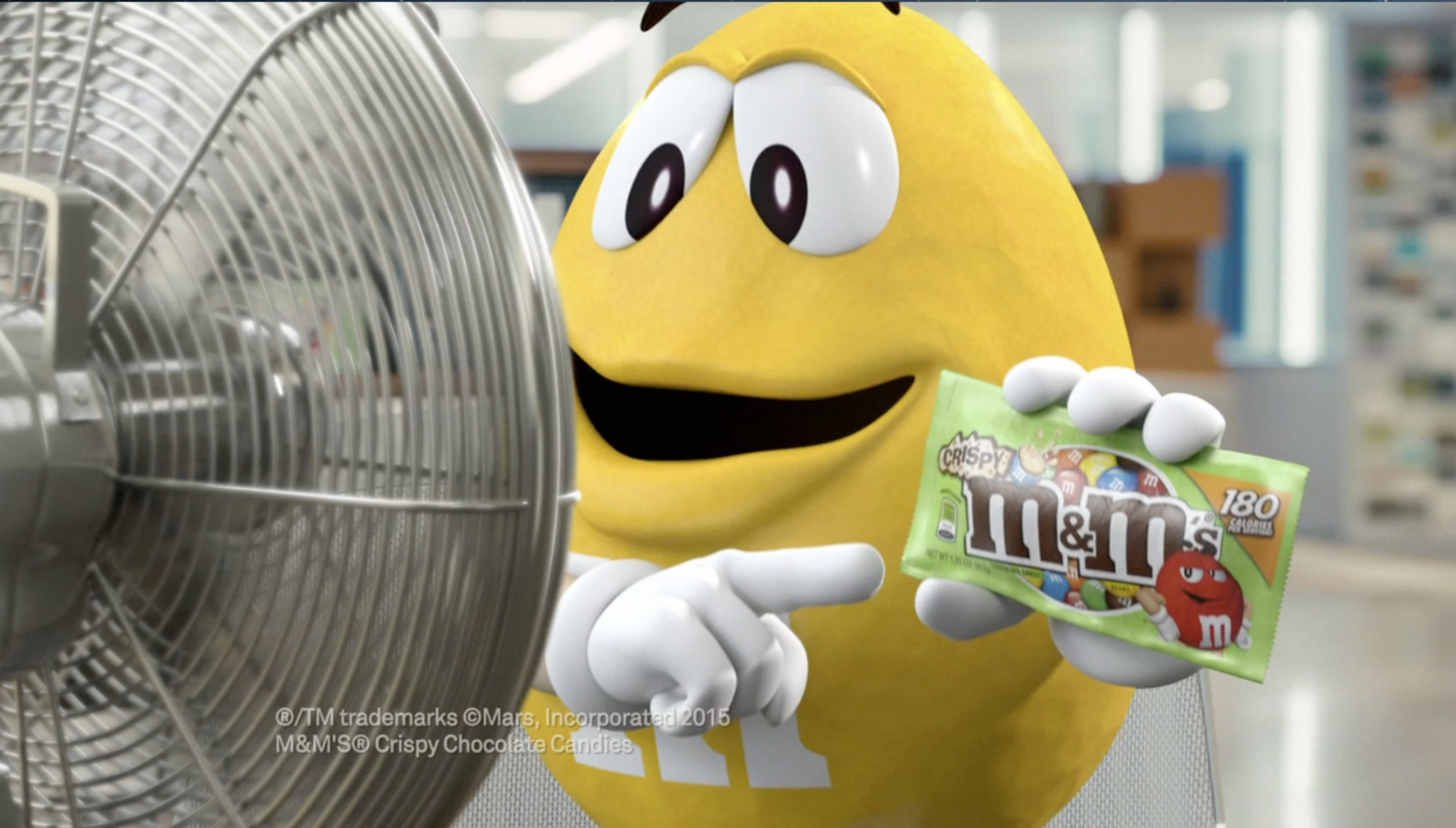 (January 12, 2015) M&M'S(R) "spokescandy" Yellow tells a "fan" that M&M'S(R) Crispy Milk Chocolate Candies are back in a new TV commercial. M&M'S(R) Crispy are returning to store shelves this month after a 10-year hiatus, thanks to countless pleas from consumers.