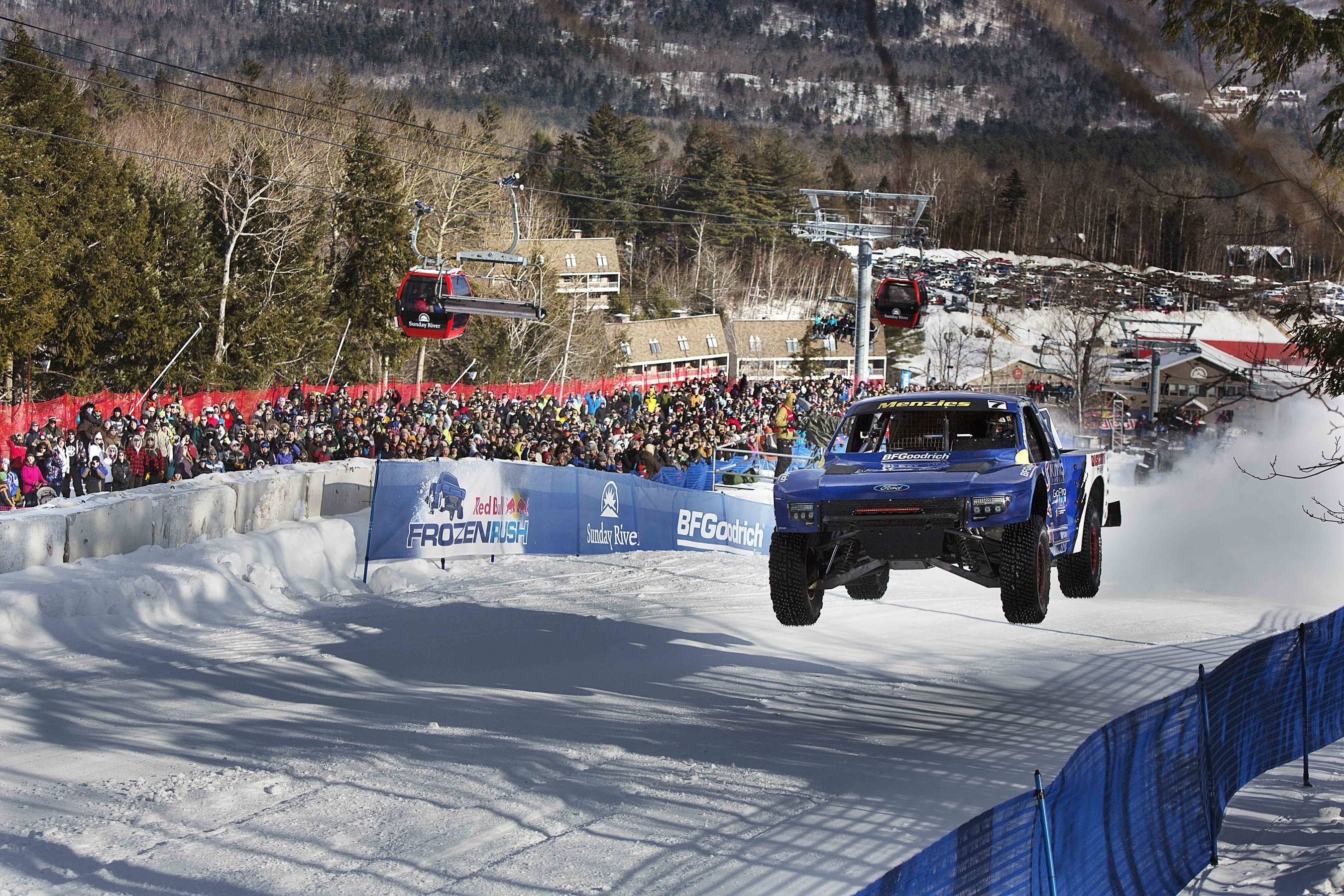 A new dawn of Motorsports with Off-Road Trucks racing head-to-head on Snow for Red Bull Frozen Rush at Sunday River Ski Resort in Maine.