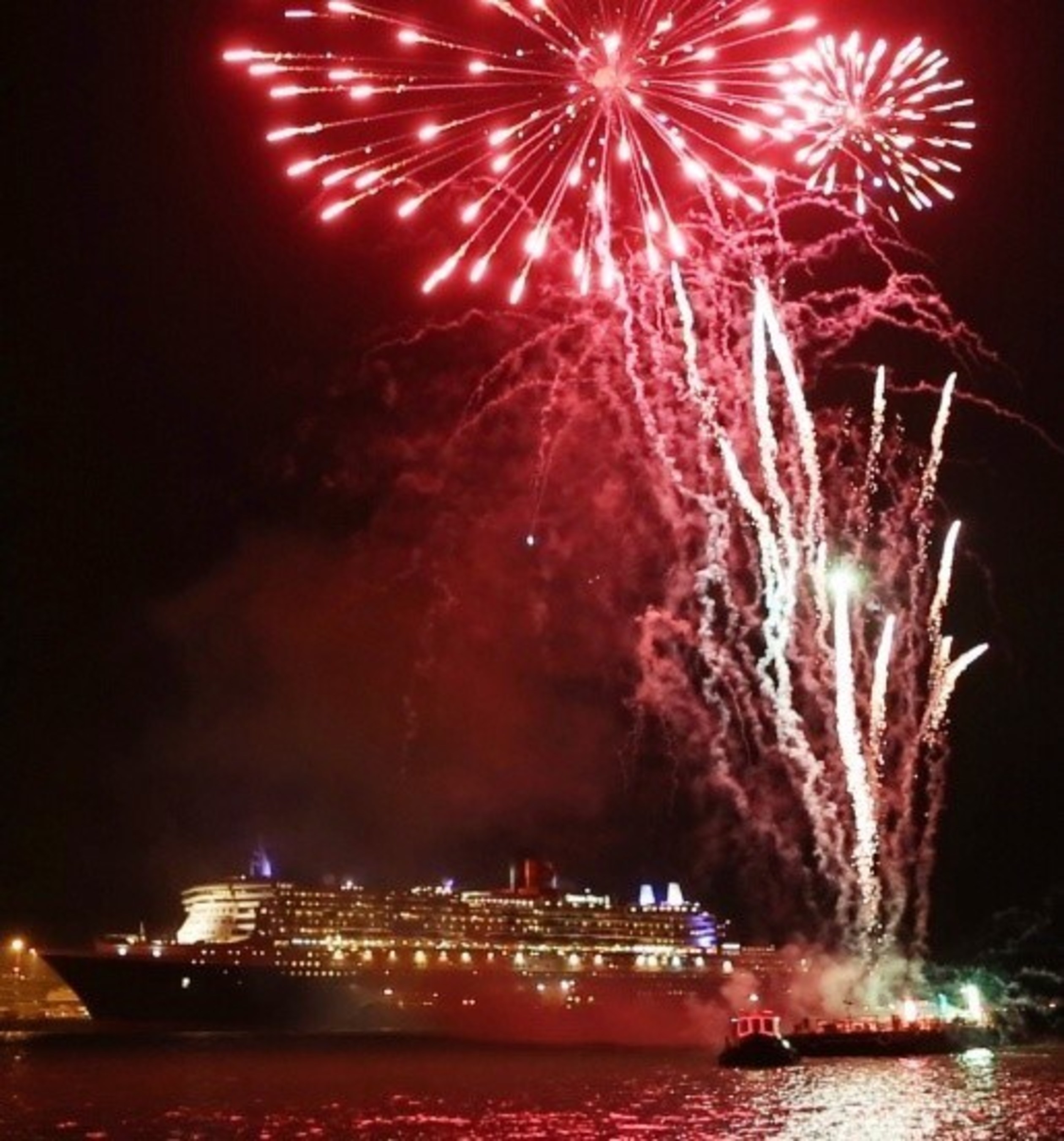 Fireworks added a festive celebration to flagship Queen Mary 2's World Voyage departure from Southampton on 10 January