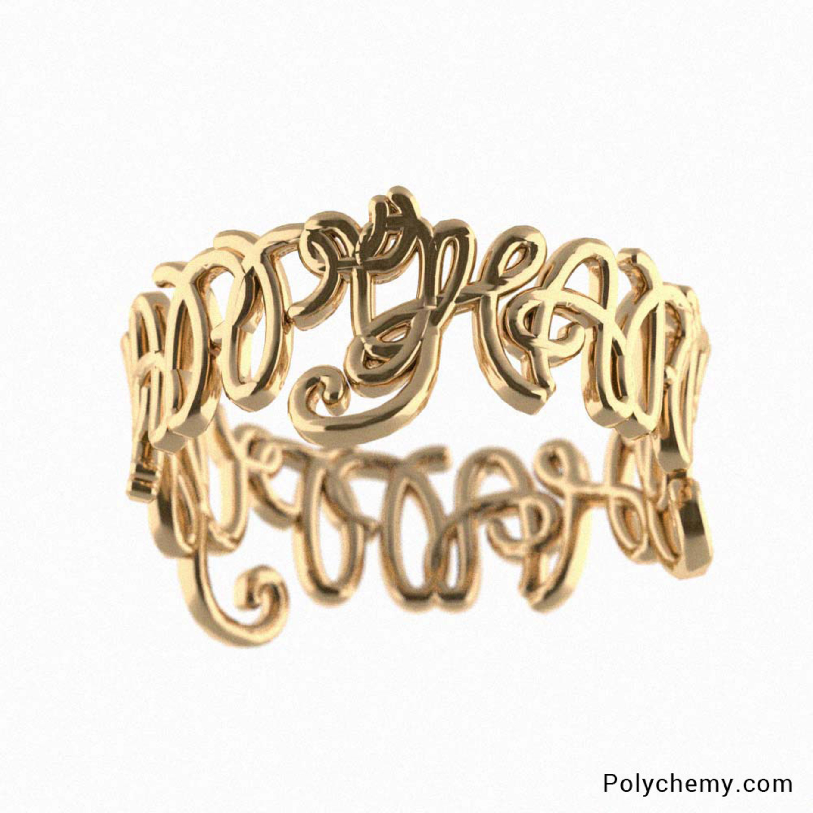 Polychemy's Cursive Name Ring In Gold. Polychemy's Cursive ring uses your name and creates an abstract cursive Design.