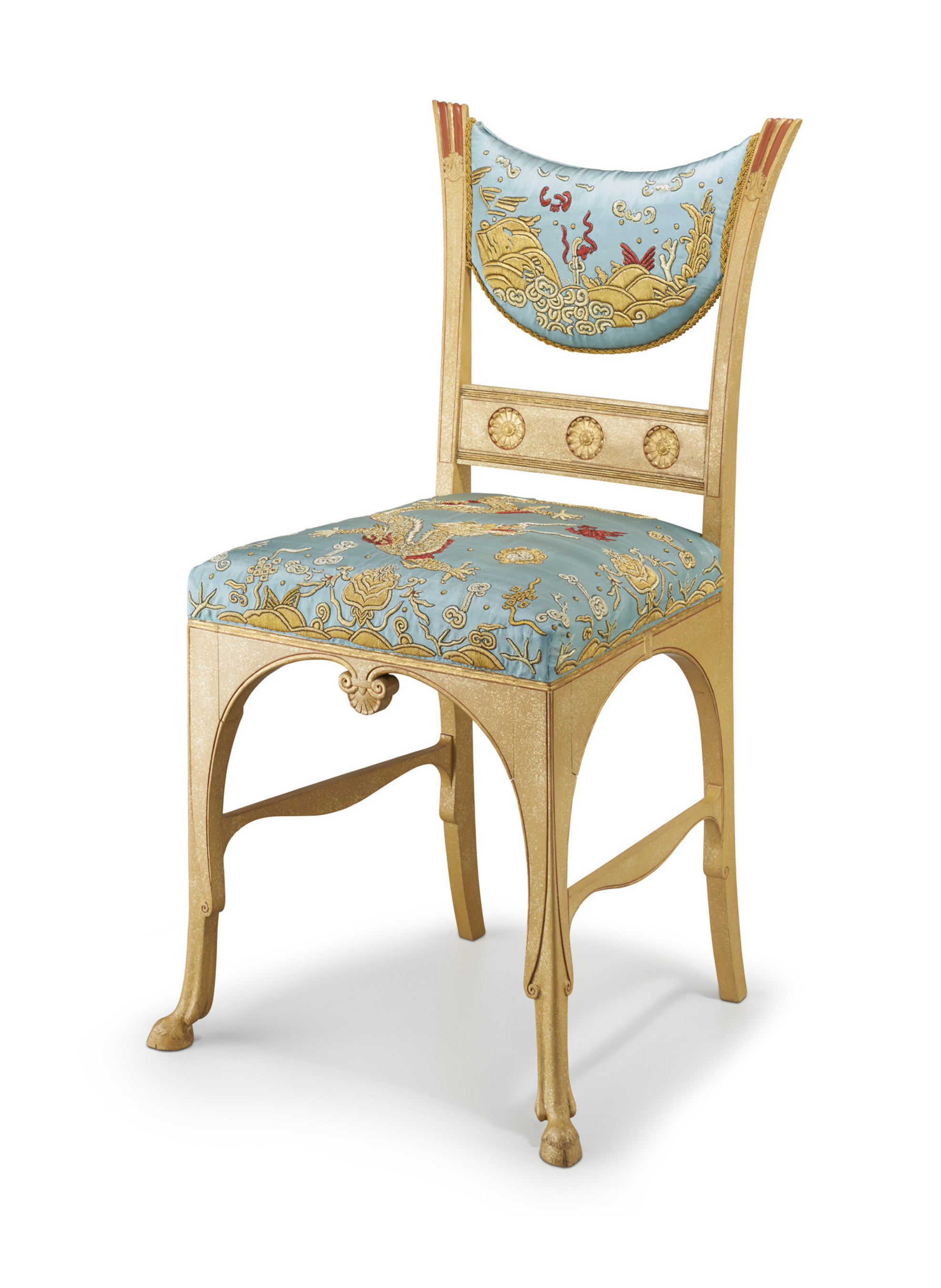 Associated Artists, LLC. "Pompeian" side chair. Herter Brothers. New York c. 1880. Painted and gilt-flecked maple with upholstered seats. Probably commissioned for J. Piermont Morgan's lavish Madison Avenue mansion.