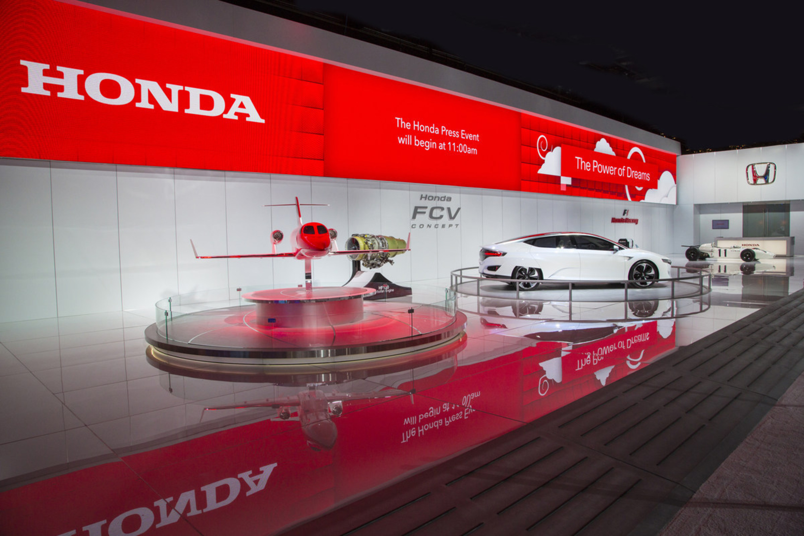Honda Display at the 2015 North American International Auto Show features the HondaJet, FCV Concept, past and new Honda Formula 1 cars and more
