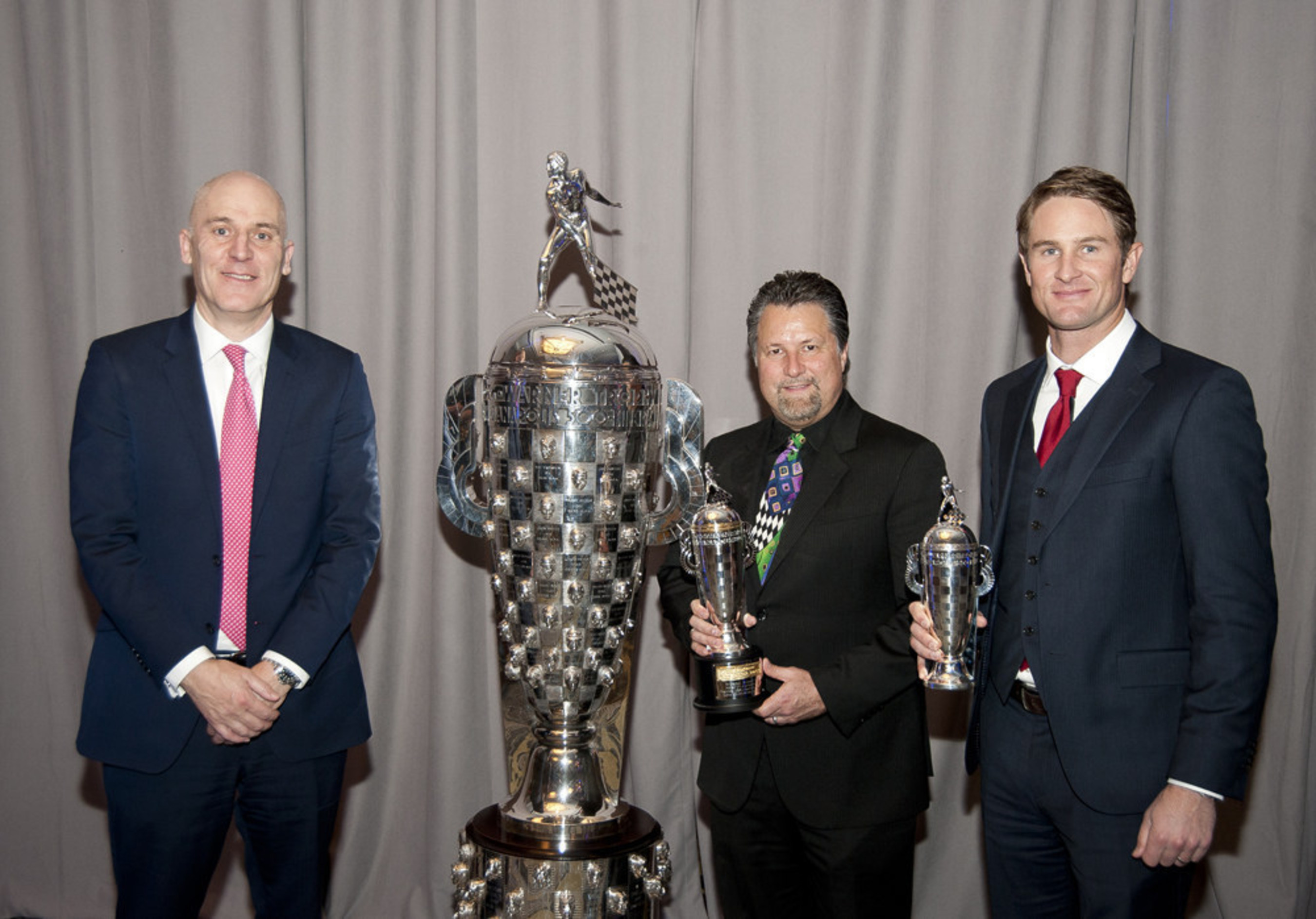 BorgWarner President and Chief Executive Officer James R. Verrier presented 2014 Indianapolis 500 winner Ryan Hunter-Reay with his first BorgWarner Championship Driver's Trophy (TM) during the 2015 Automotive News World Congress. Team owner Michael Andretti also accepted his third BorgWarner Championship Team Owner's Trophy(TM).