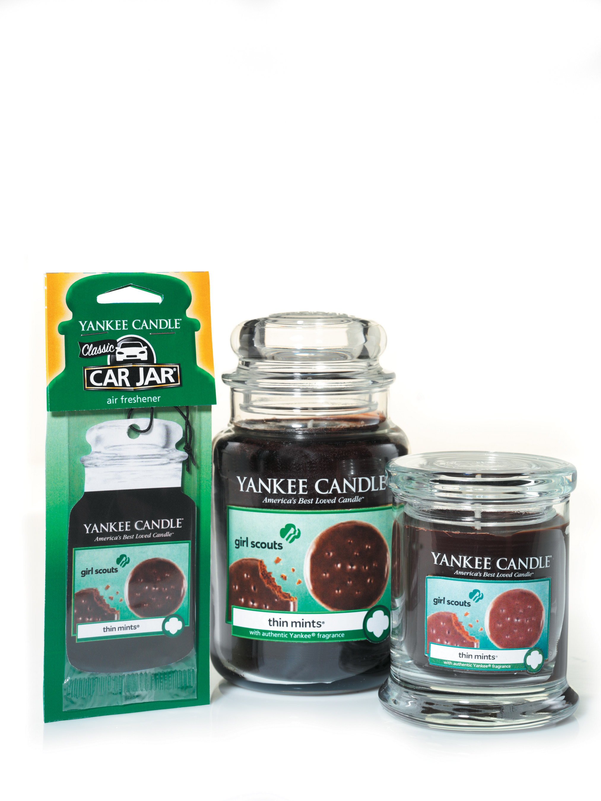 Yankee Candle's new Girl Scout Cookies Limited Edition Candle Collection comes in three different forms: Car Jar Air Freshener, Large Jar Candle and Small Tumbler Candle.