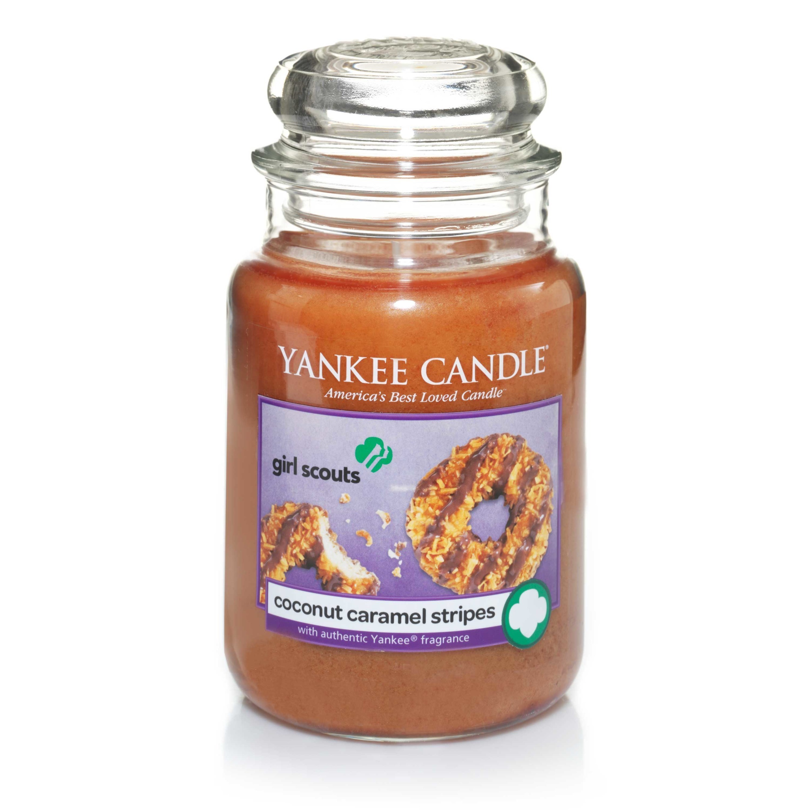Coconut Caramel Stripes is one of the four new fragrances in Yankee Candle's Girl Scout Cookies Limited Edition Candle Collection.