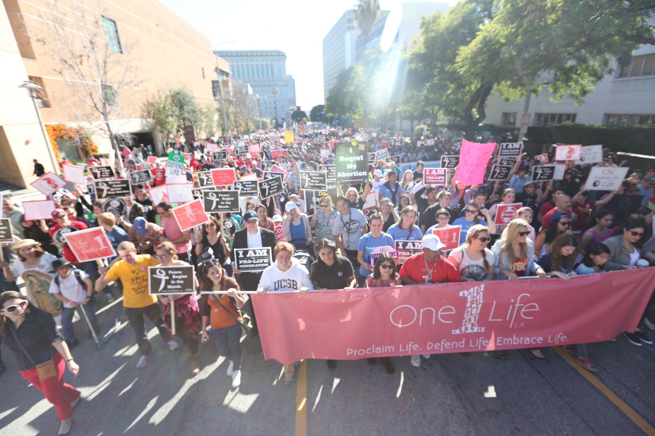 Approximately 15,000 people from throughout Southern California filled the streets of downtown Los Angeles for the first annual OneLife LA, embracing the dignity of every human life.