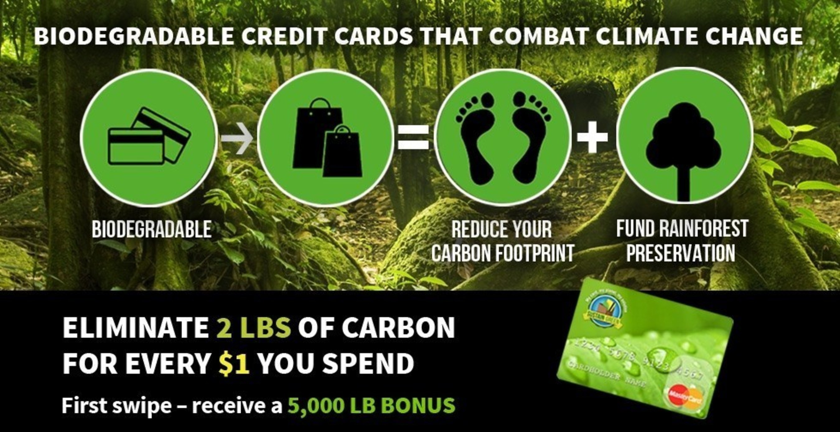 New biodegradable Sustain:Green MasterCard rewards cardholders with carbon offsets on their everyday purchases to help fund rainforest preservation projects in Brazil.