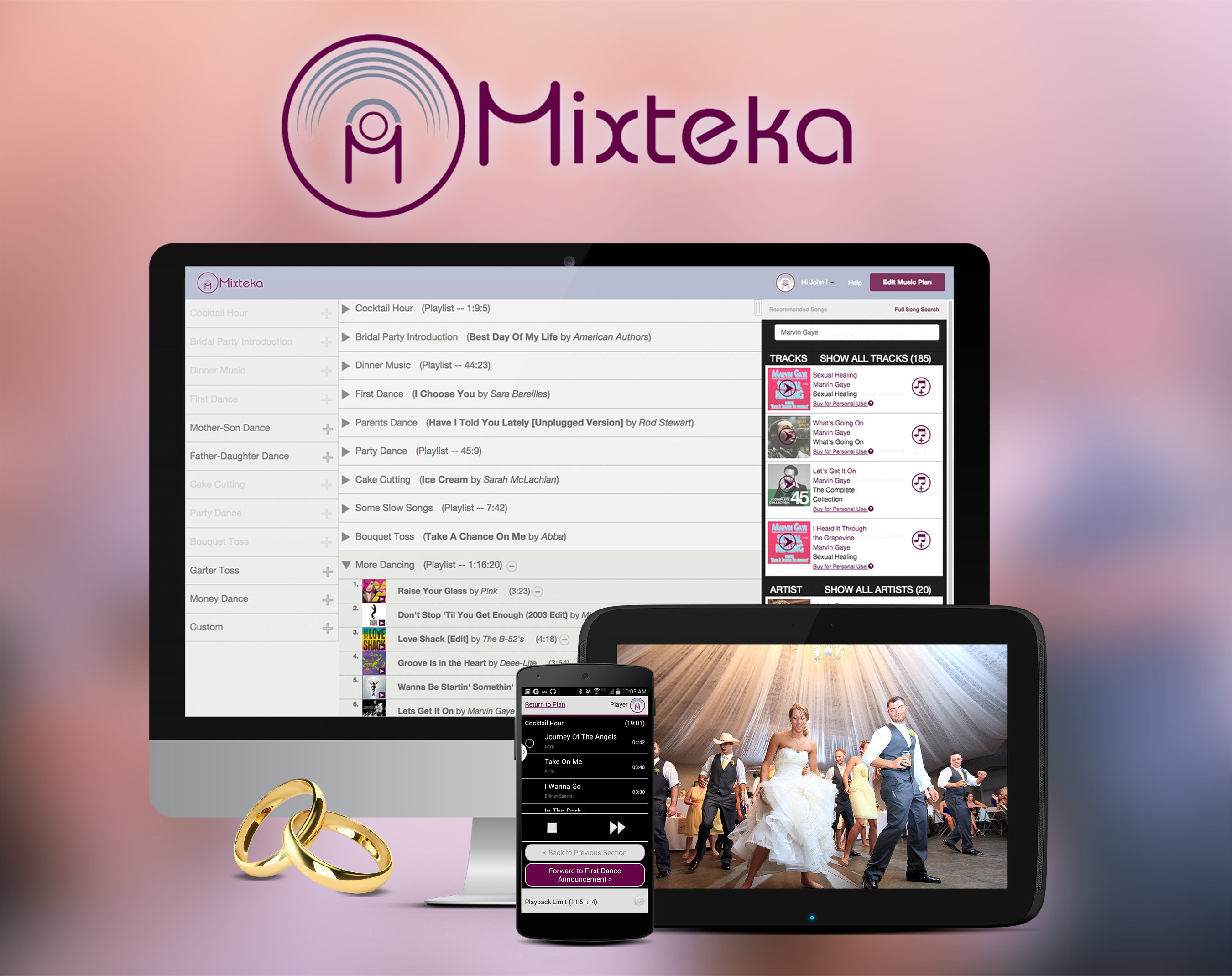 Forget the DJ.  Mixteka's website and mobile app make planning & playing wedding music fun, easy and way less expensive.