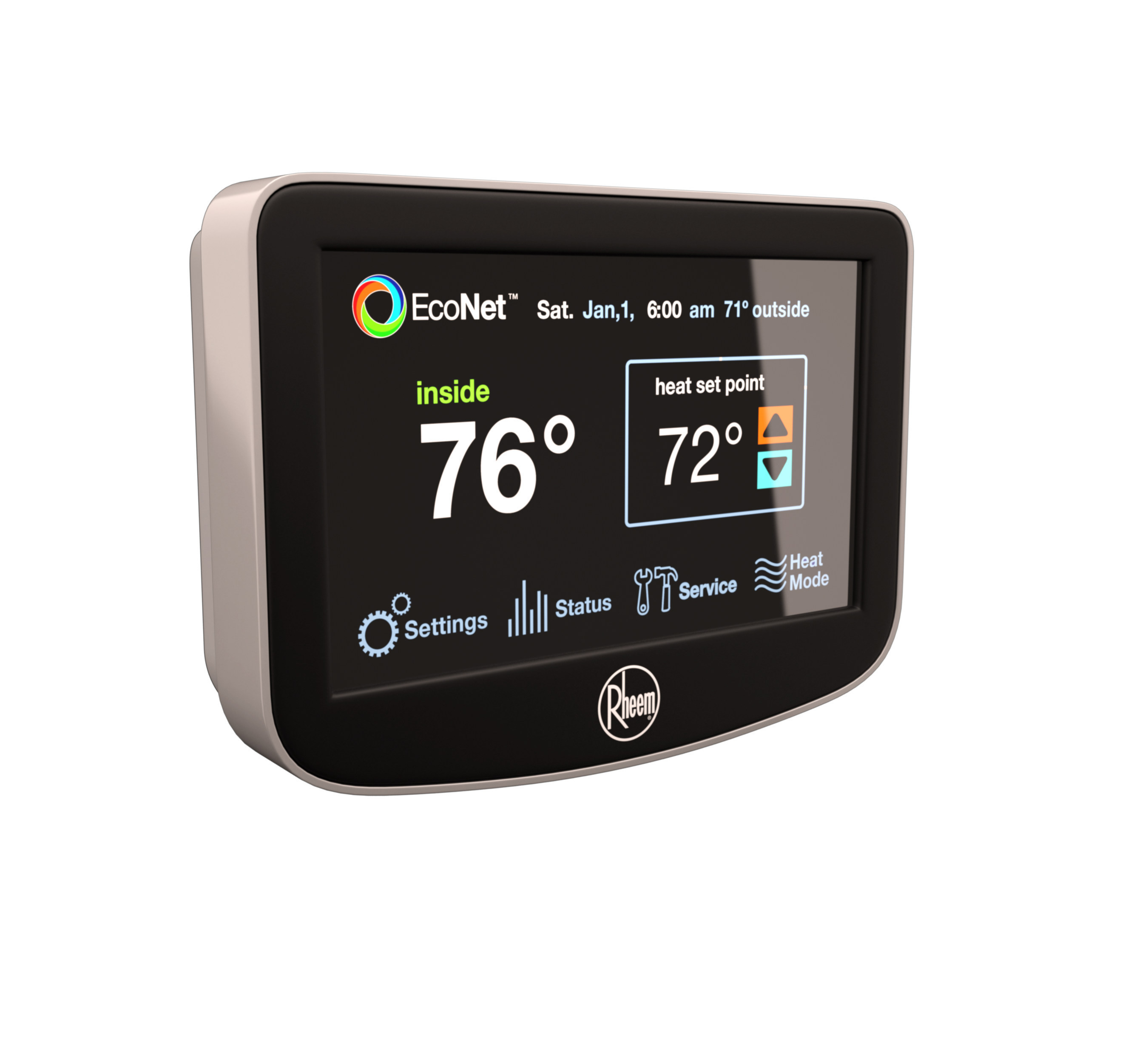 Homeowners can manage their EcoNet system through a smart thermostat, shown here, or a free mobile app available on both both iOS and Android platforms.