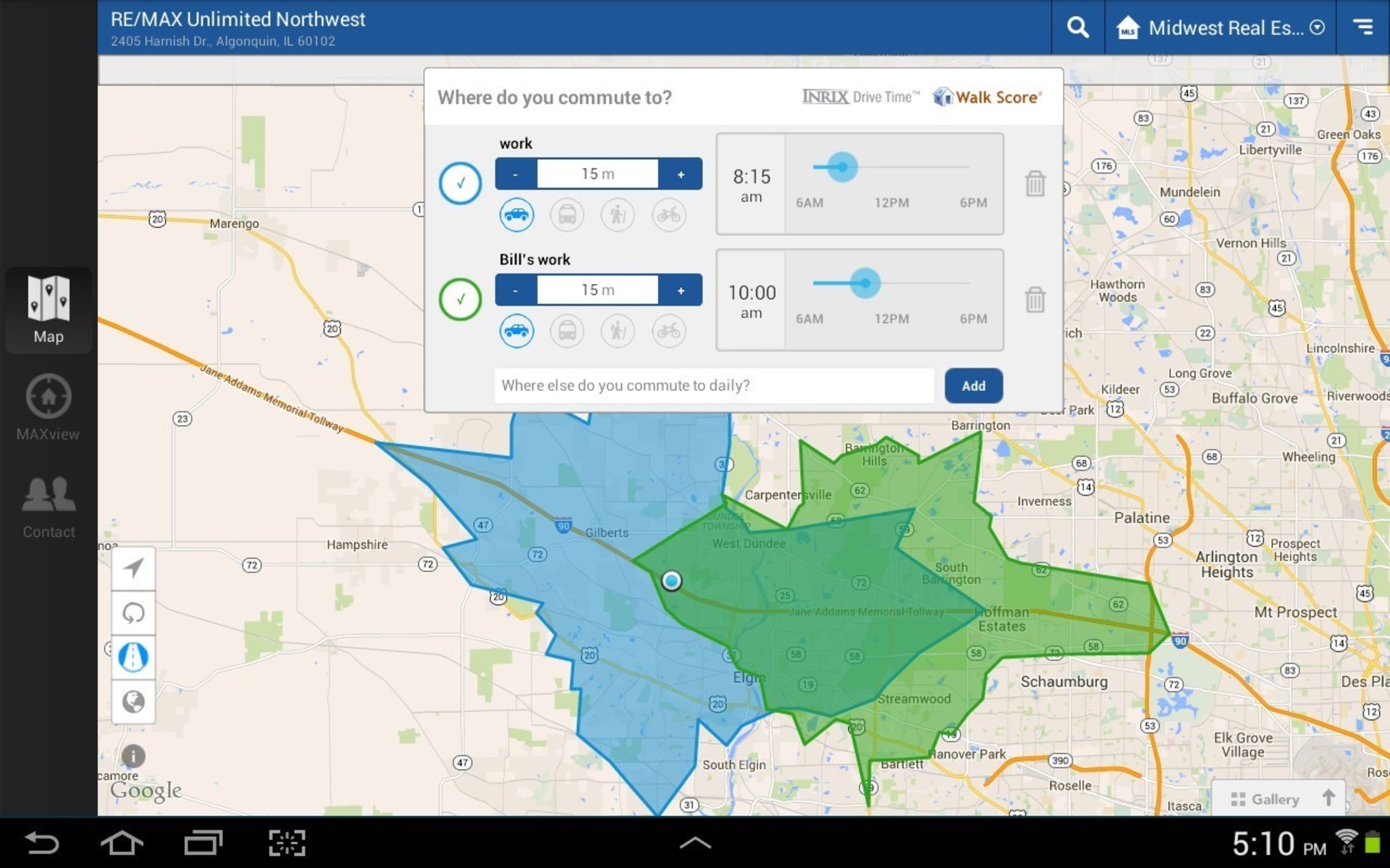 Commute Time Search on the RE/MAX Northern Illinois Real Estate App has its easy-to-use and touch-friendly design that makes it effortless to input desired destinations, such as work, a child's school or another important place. In the example above, homes for sale in the blue area meet the criteria entered by one person, while homes in the light green area meet the criteria of a second individual. The dark green area contains those homes for sale that meet the travel-time criteria of both persons.