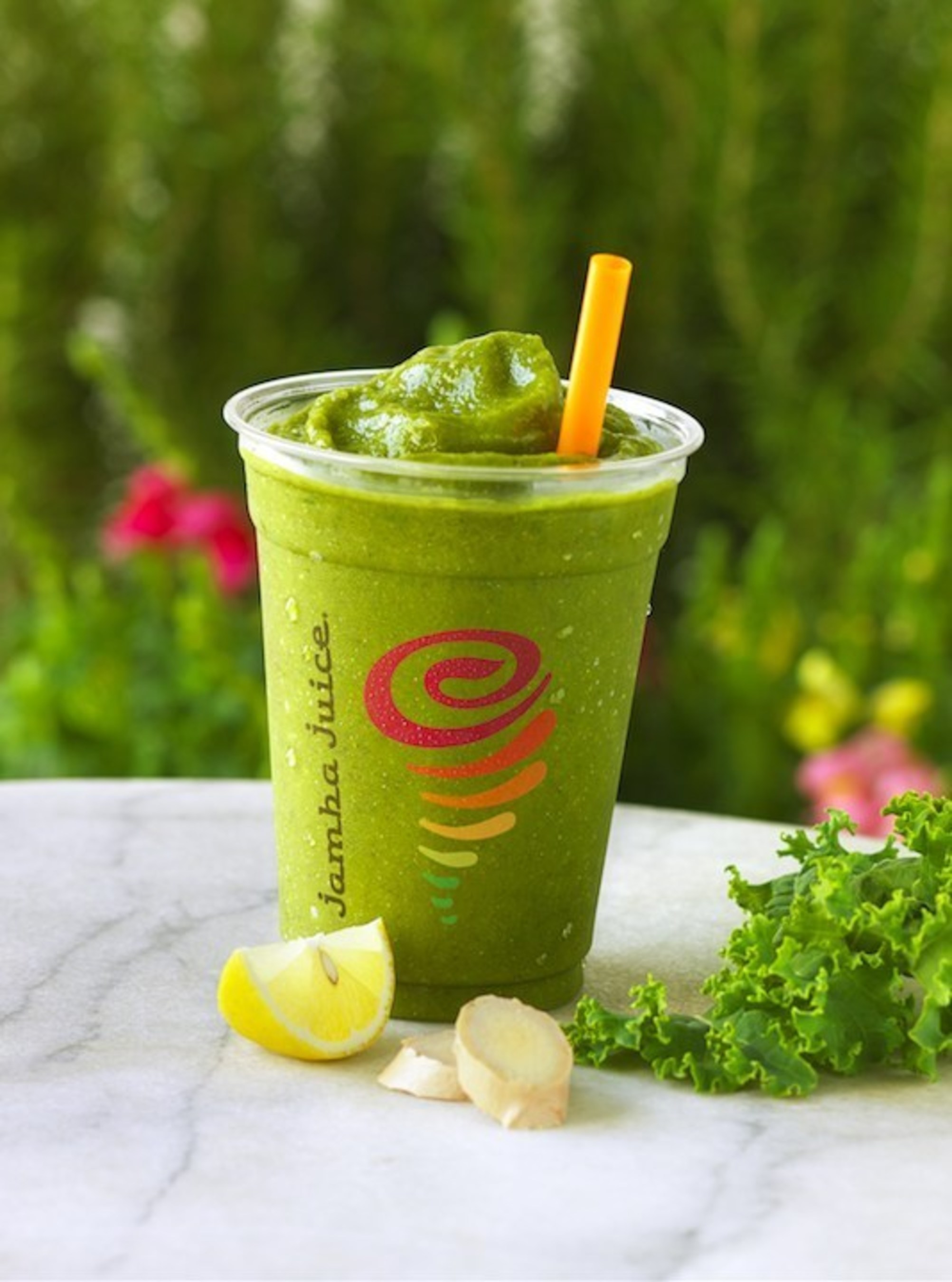 New Jamba Juice Greens 'n Ginger(TM): A beautiful blend of mangos, peaches, kale, lemon, and ginger puree that is an excellent source of Vitamin A, Vitamin C, Folate, B6, and Vitamin K. Greens 'n Ginger joins Berry  UpBeet(TM), Apple n Greens(TM), Orange Carrot Karma(TM), and Tropical Harvest(TM) in the Fruit & Veggie line, offering great-tasting and convenient ways for those looking to get in their daily servings of fruits and vegetables.