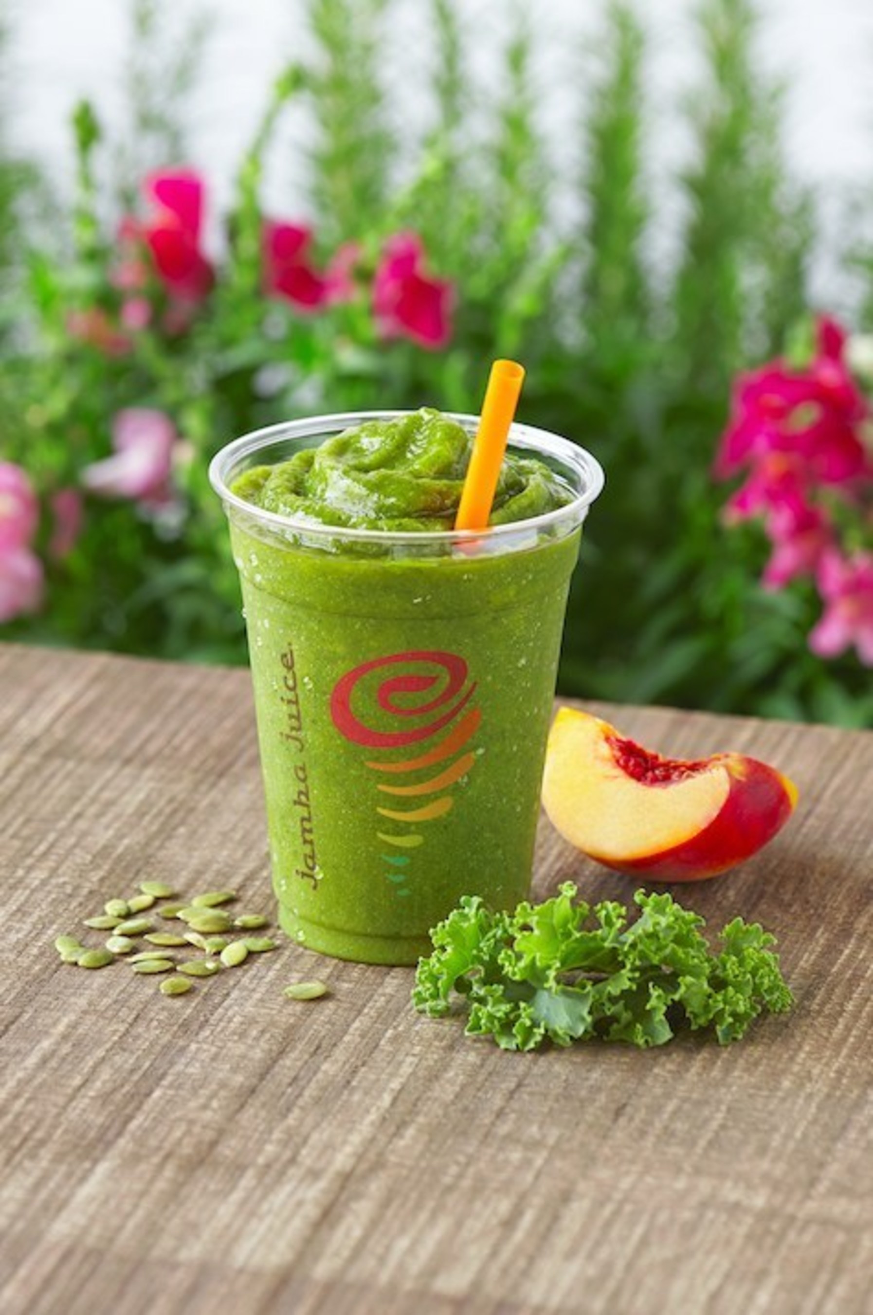 New Jamba Juice Amazing Greens(TM): A tasty blend of kale, lemon, peach juice, peaches, bananas, and pumpkin seeds that delivers at least 11g of protein, 2.5 servings of fruit, and 1 serving of vegetables to help power your day. An excellent source of Folate, Vitamin K, Vitamin A, Vitamin C, and Manganese. Amazing Greens(TM) joins Kale-ribbean Breeze(TM), Carrot Orange Fusion(TM), and PB Chocolate Love(TM) in the Whole Food Nutrition line, offering consumers nutritious and satisfying smoothies to provide a delicious, on-the-go snack.