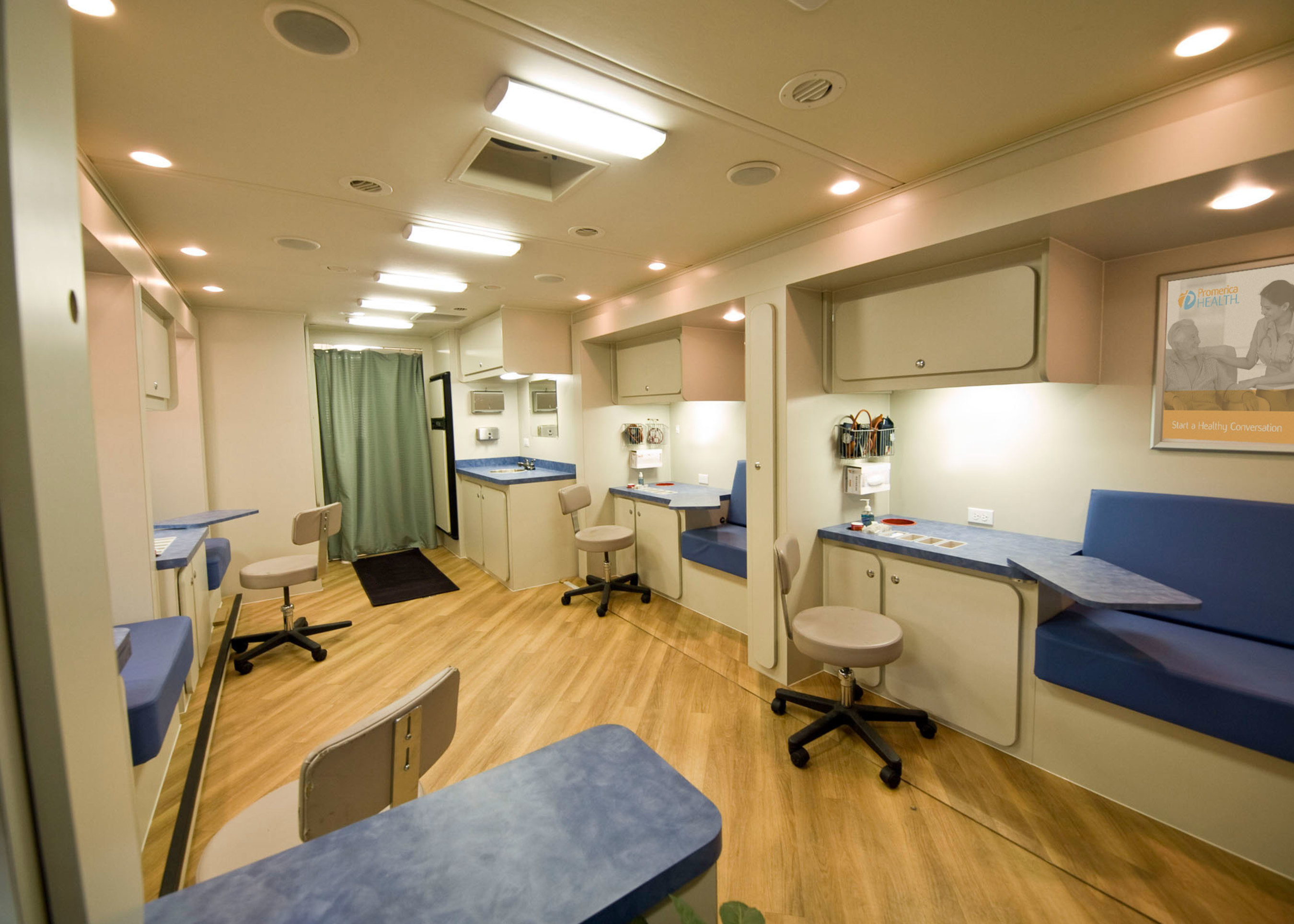 Promerica Health offers a full fleet of customizable vehicles to deploy health and wellness engagements, including 40-foot mobile health screening units. The interior houses up to six private screening areas with state-of-the-art medical equipment offering patients a private and comfortable environment.